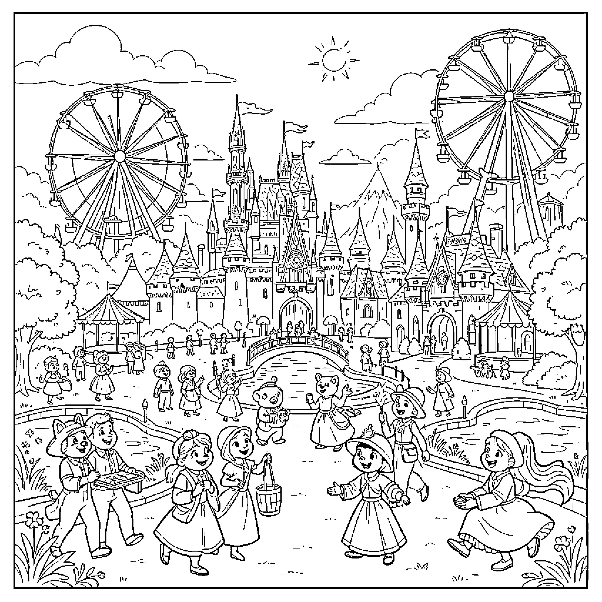 Disney characters celebrating joyfully at a theme park Coloring Page (free black-and-white line drawing printable PDF for all, from beginners to advanced learners, including children, teens, adults, and seniors)