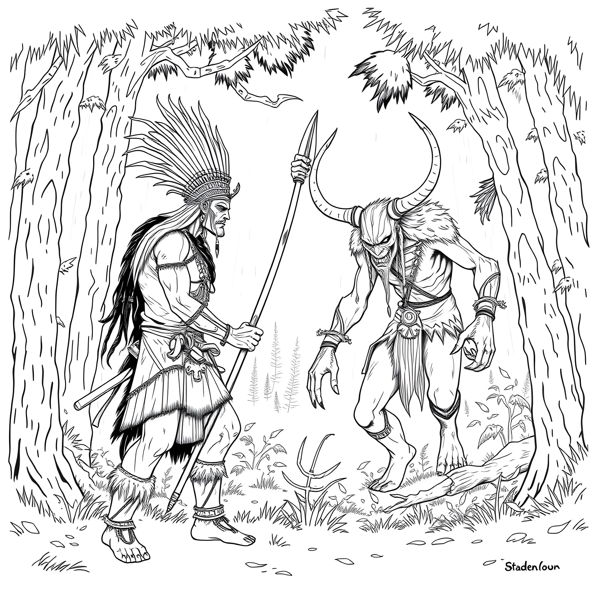 Warrior Tribes in Mythical Forest Encounter Coloring Page (free black-and-white line drawing printable PDF for all, from beginners to advanced learners, including children, teens, adults, and seniors)