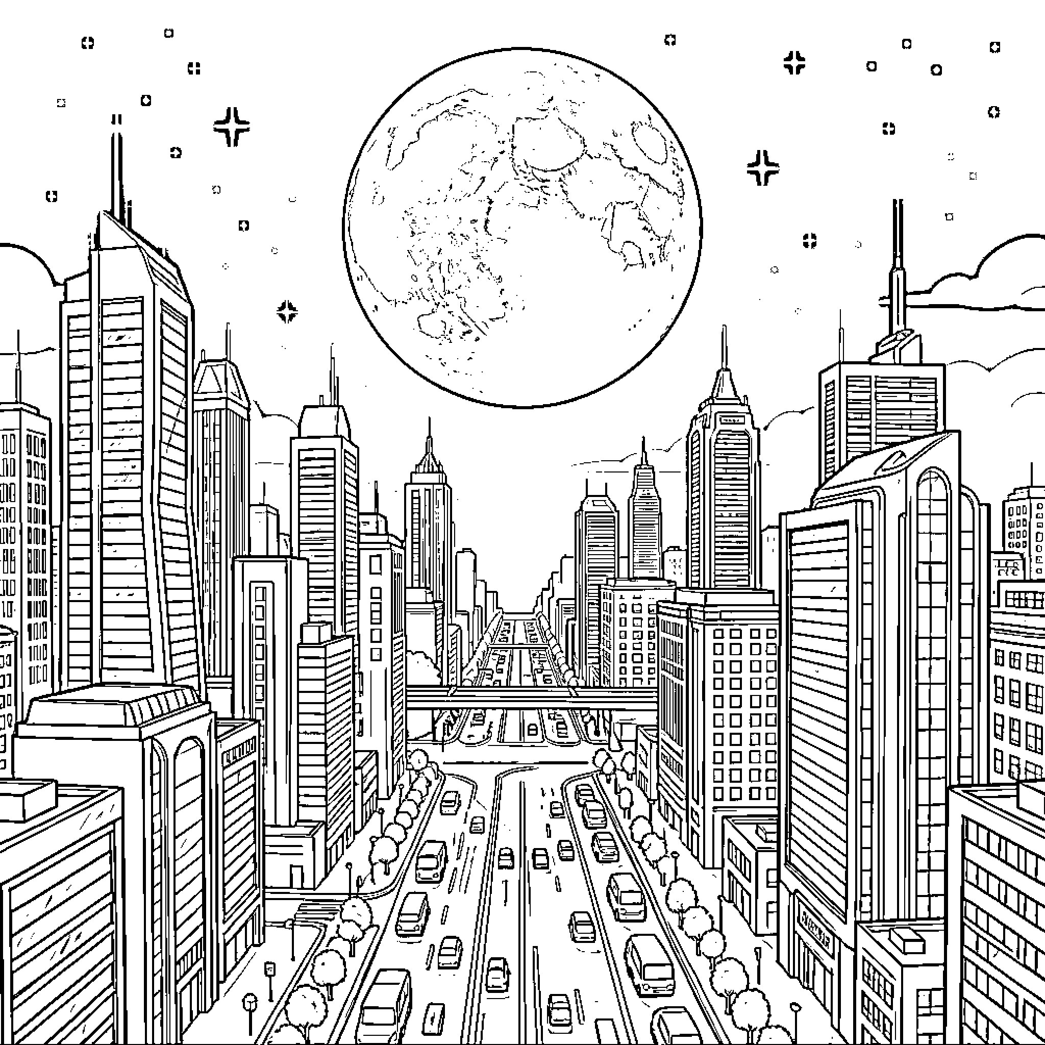 Ciudad of Modern Metropolis under the Glowing Moon Coloring Page (free black-and-white line drawing printable PDF for all, from beginners to advanced learners, including children, teens, adults, and seniors)