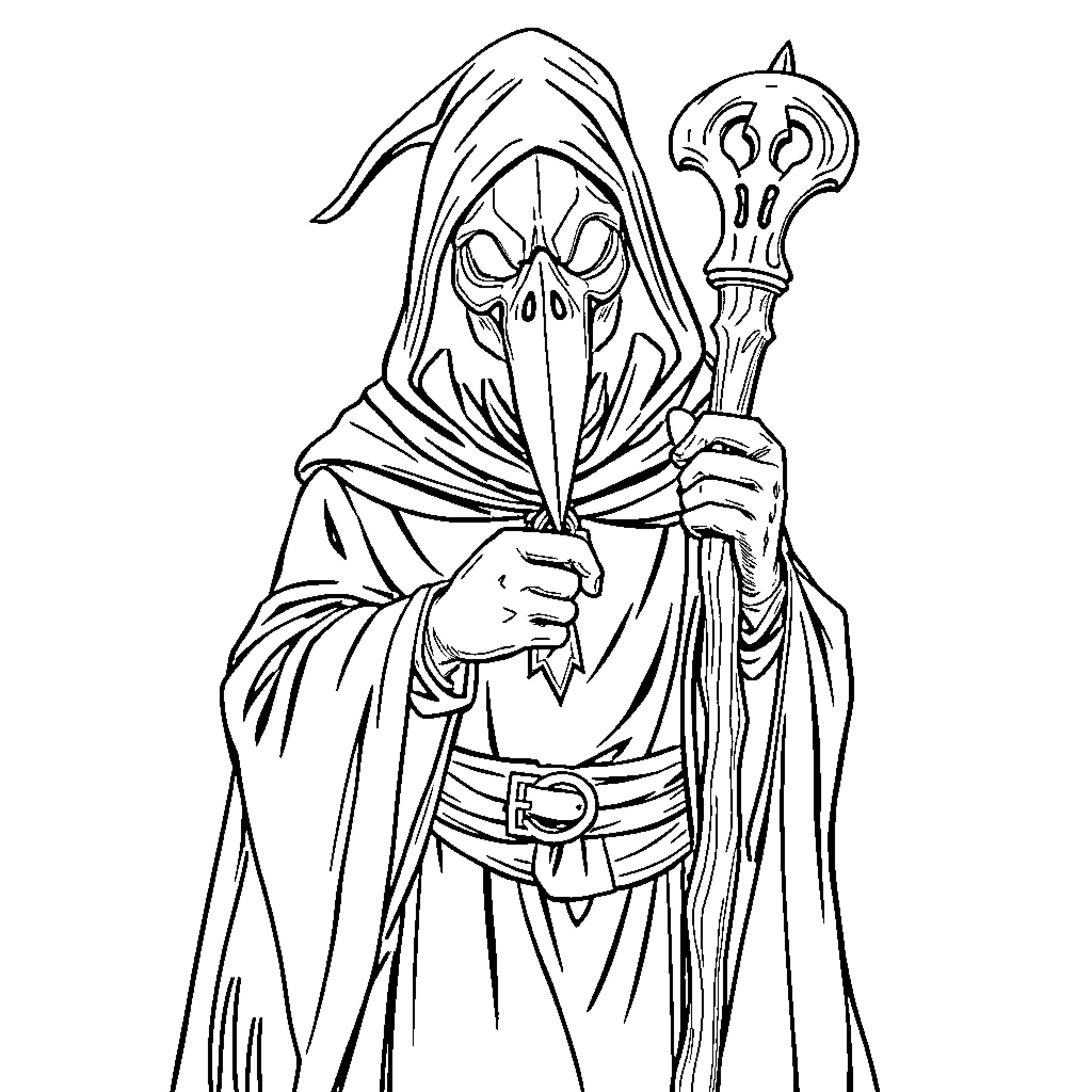 Plague Doctor wielding ominous staff in menacing pose Coloring Page (free black-and-white line drawing printable PDF for all, from beginners to advanced learners, including children, teens, adults, and seniors)