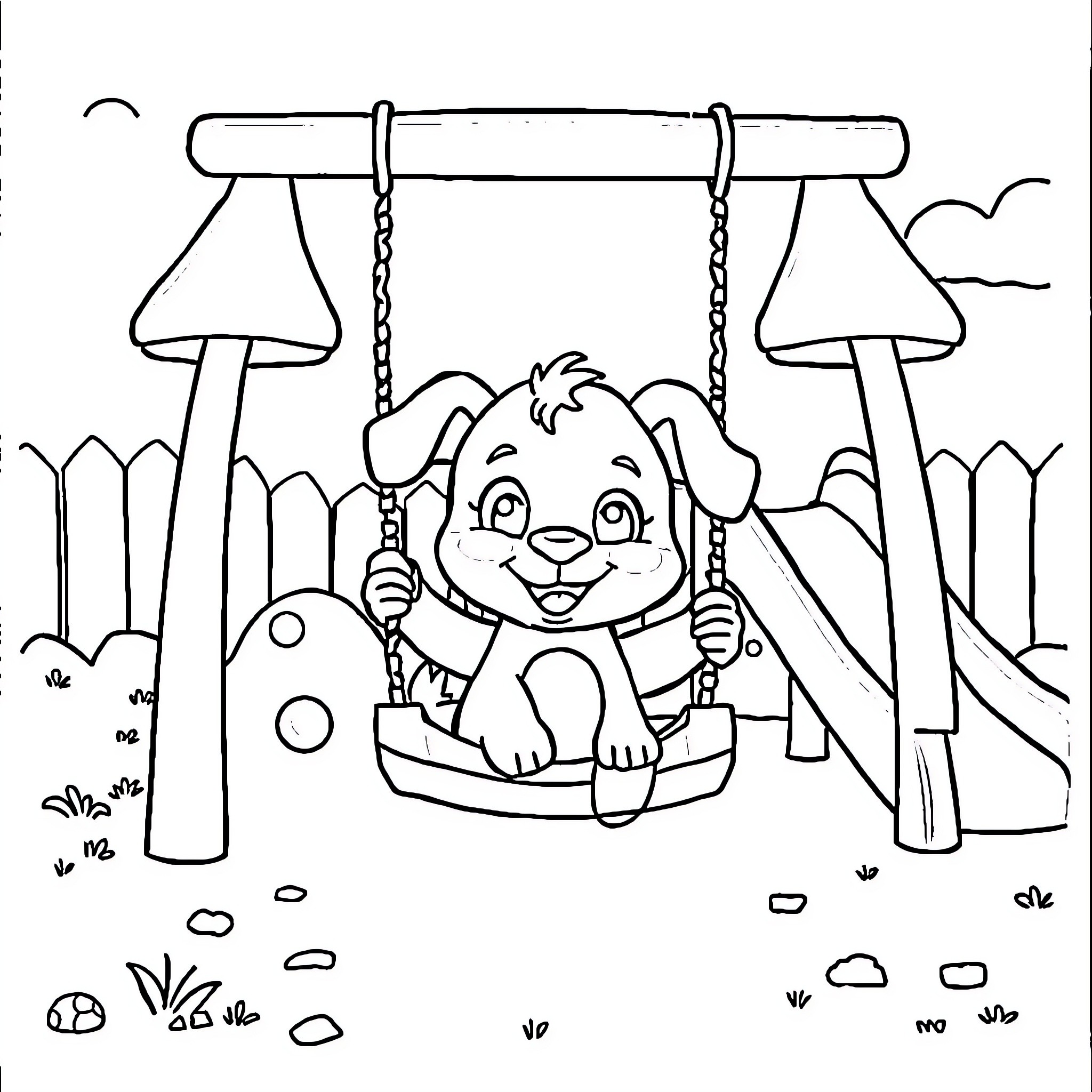 Bluey swinging joyfully on a playground Coloring Page (free black-and-white line drawing printable PDF for all, from beginners to advanced learners, including children, teens, adults, and seniors)