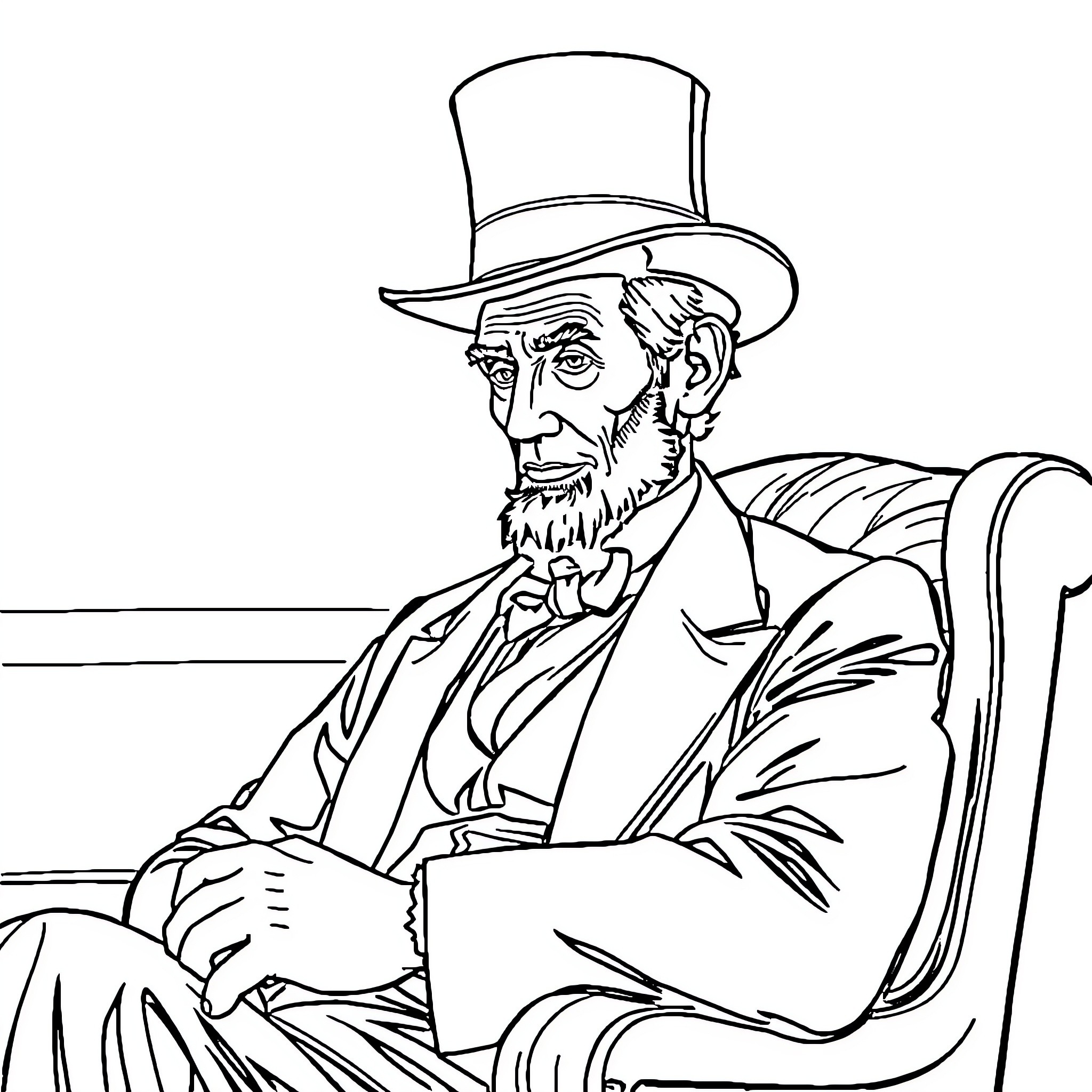 Abraham Lincoln in pensive reflection Coloring Page (free black-and-white line drawing printable PDF for all, from beginners to advanced learners, including children, teens, adults, and seniors)