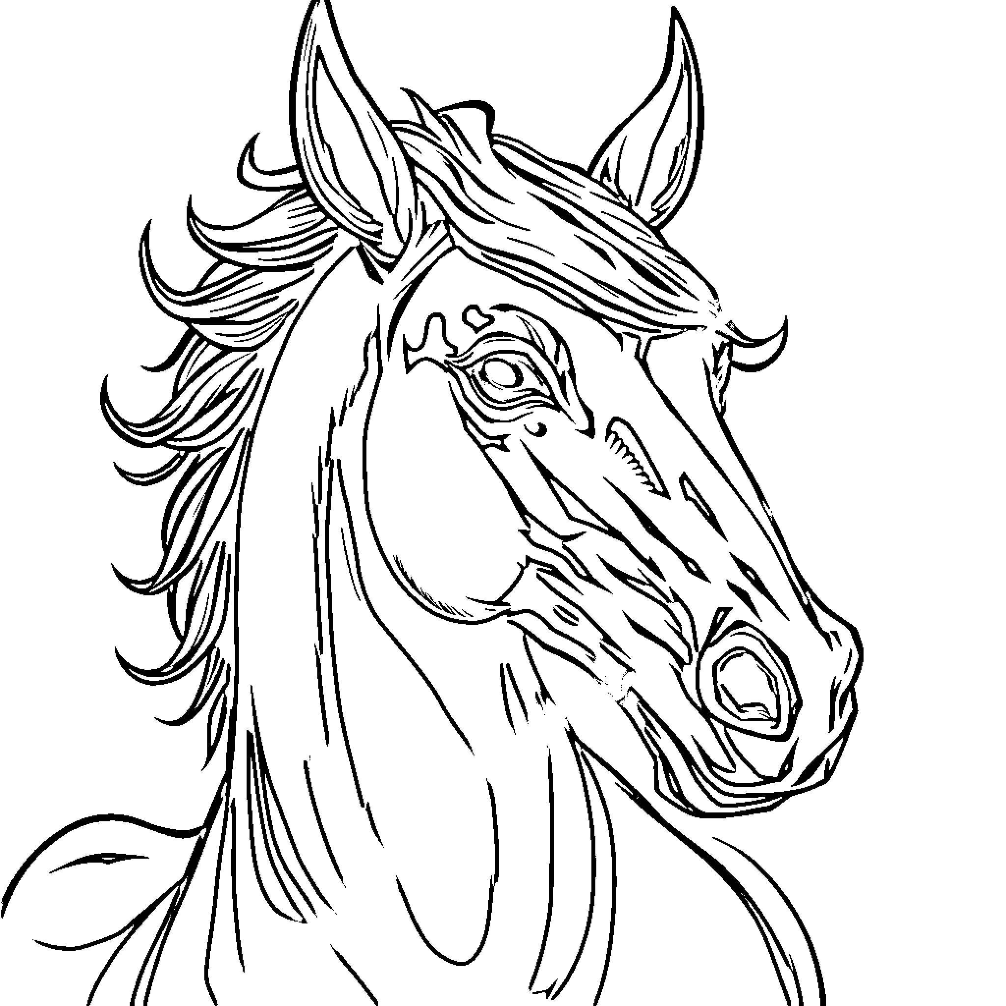 Demon Horse with Fierce Expression Coloring Page (free black-and-white line drawing printable PDF for all, from beginners to advanced learners, including children, teens, adults, and seniors)