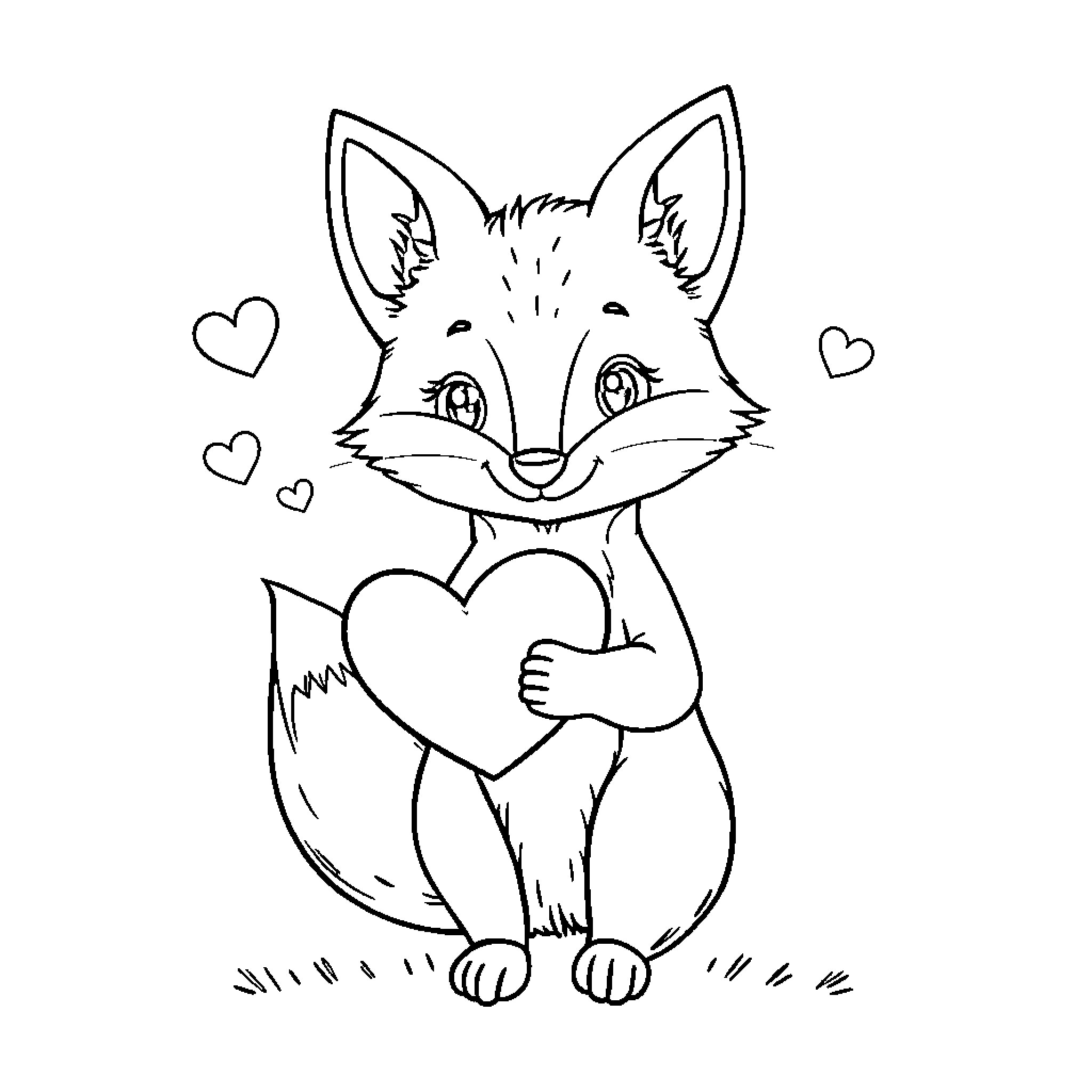 Fox holding heart and surrounded by hearts Coloring Page (free black-and-white line drawing printable PDF for all, from beginners to advanced learners, including children, teens, adults, and seniors)