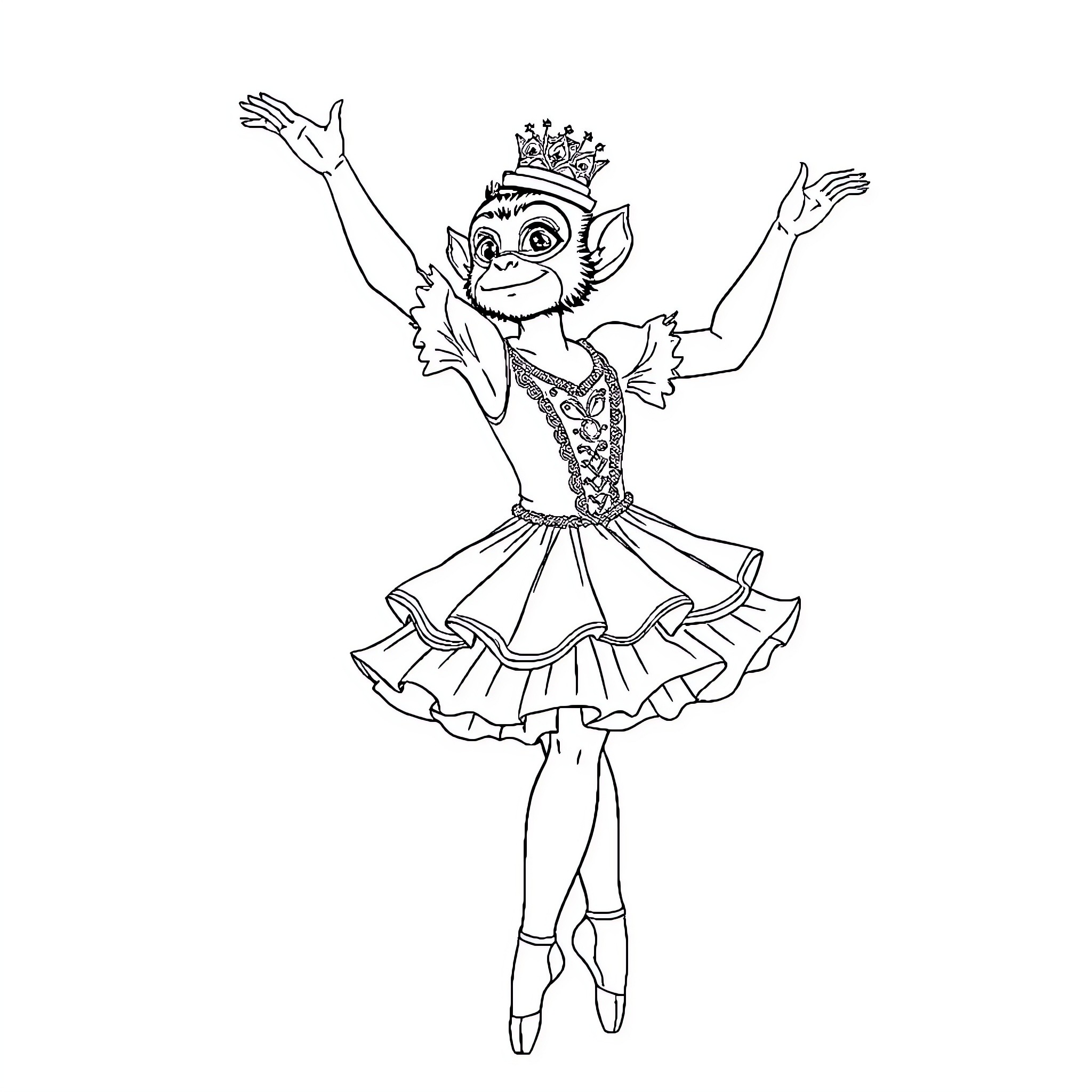 Bailarina performing graceful dance in elaborate costume Coloring Page (free black-and-white line drawing printable PDF for all, from beginners to advanced learners, including children, teens, adults, and seniors)
