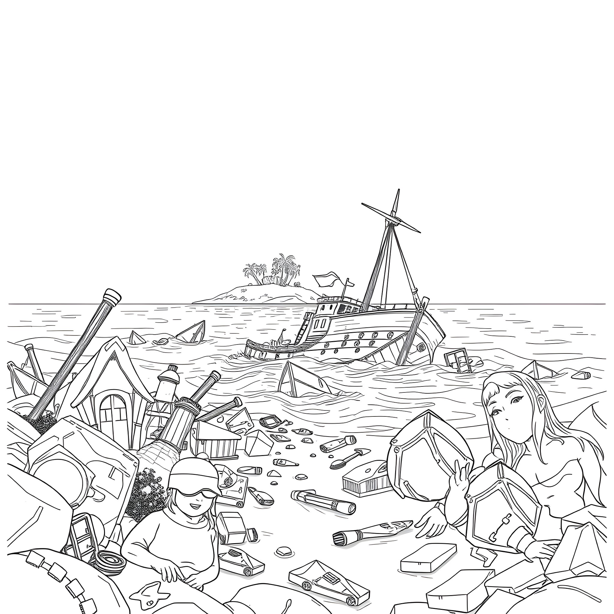 Ship wreckage and debris on a tropical beach Coloring Page (free black-and-white line drawing printable PDF for all, from beginners to advanced learners, including children, teens, adults, and seniors)