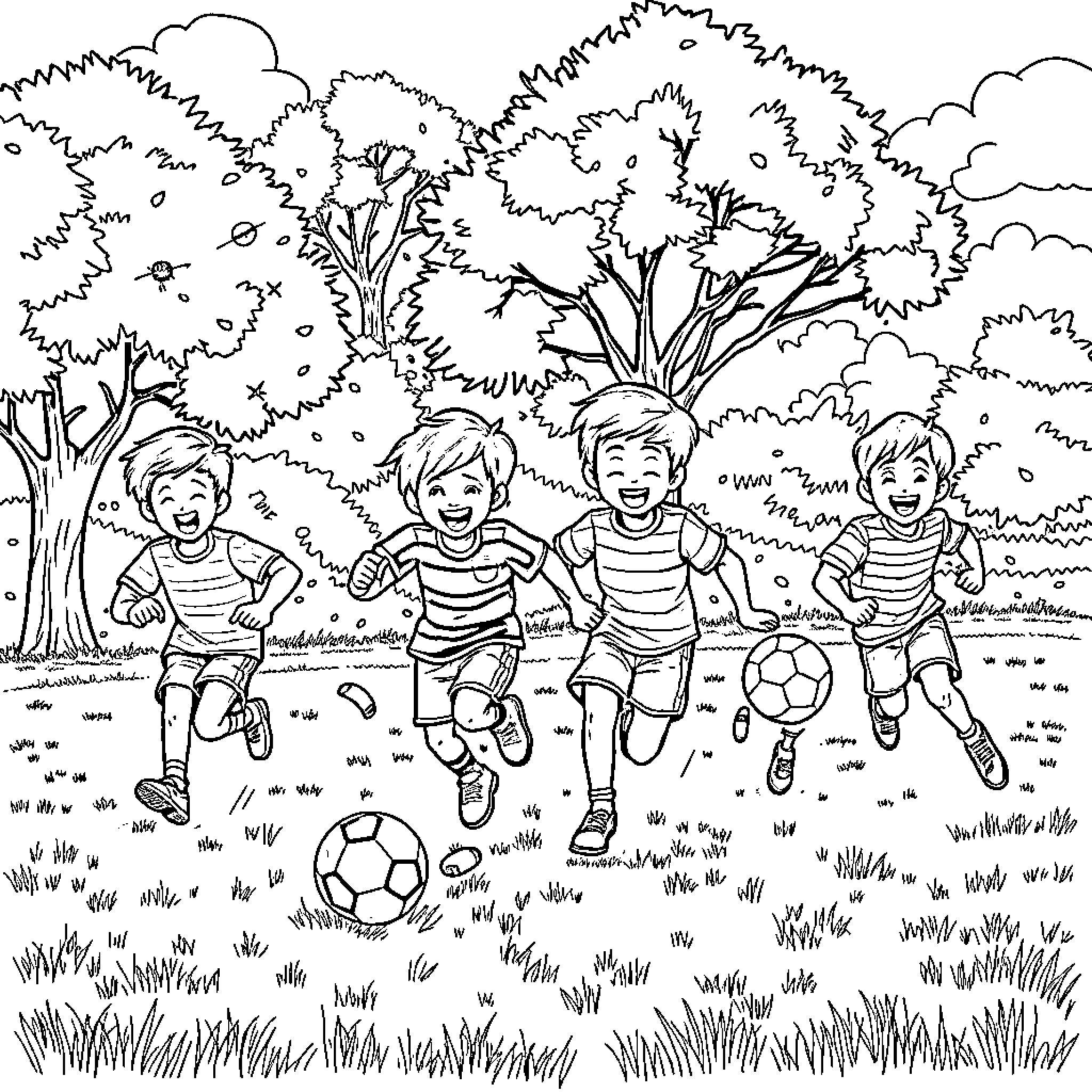 Kids playing happily with soccer balls in the park Coloring Page (free black-and-white line drawing printable PDF for all, from beginners to advanced learners, including children, teens, adults, and seniors)
