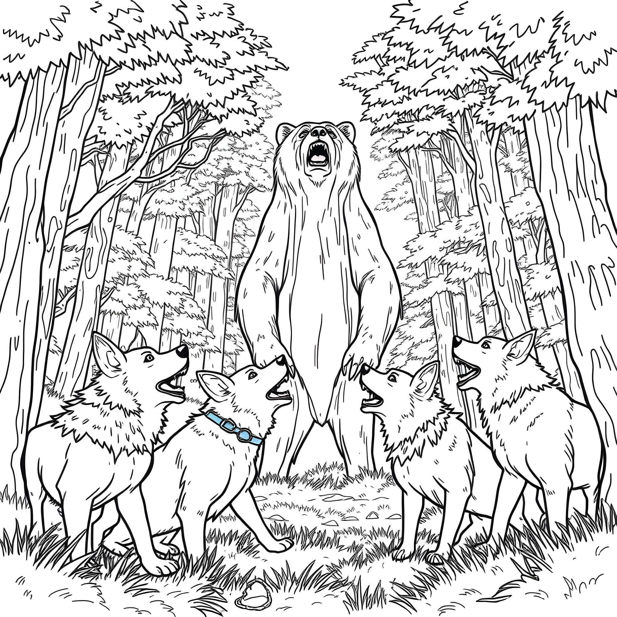 Dog defending its territory against wolf pack in the forest Coloring Page (free black-and-white line drawing printable PDF for all, from beginners to advanced learners, including children, teens, adults, and seniors)
