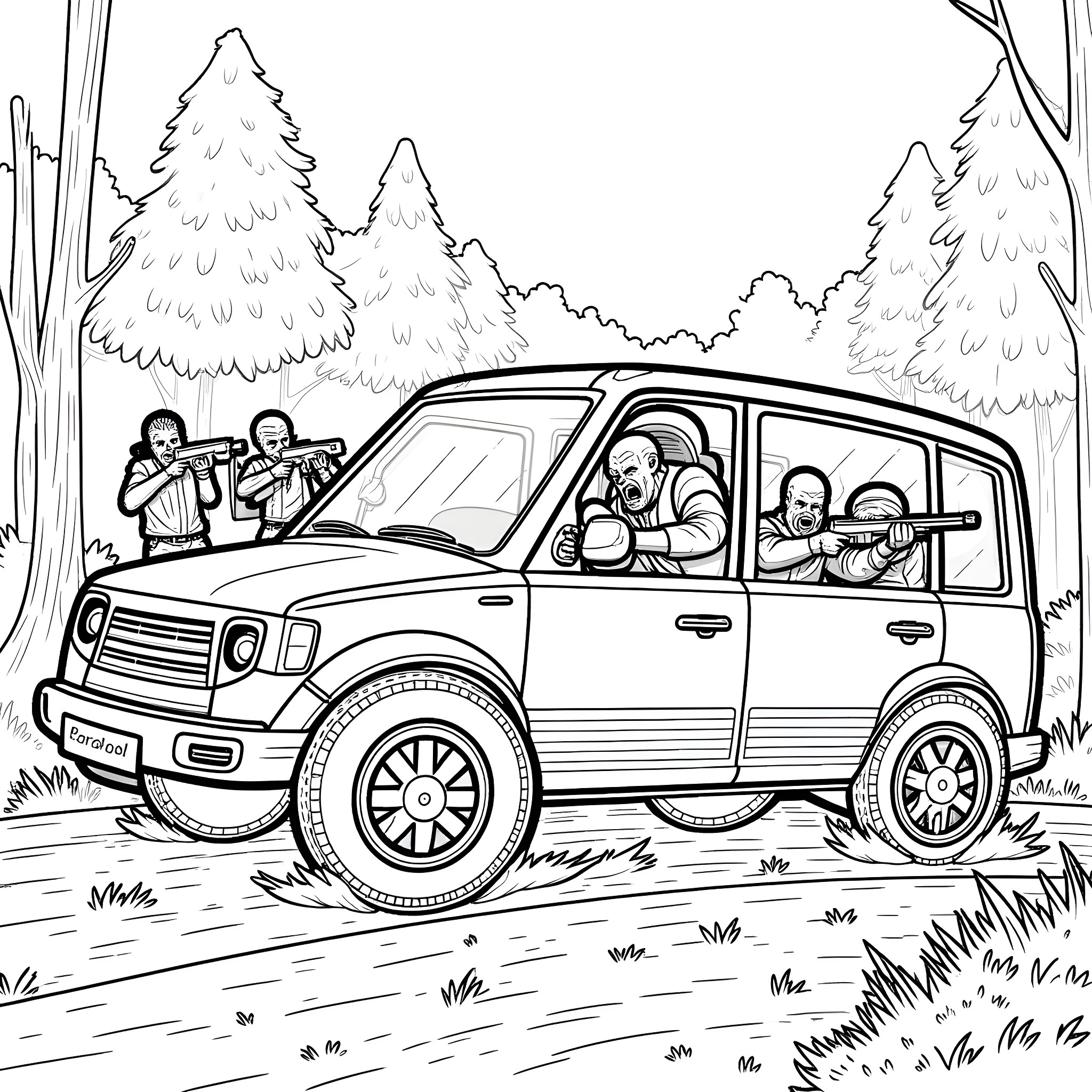 Zombie family on a road trip through the forest Coloring Page (free black-and-white line drawing printable PDF for all, from beginners to advanced learners, including children, teens, adults, and seniors)