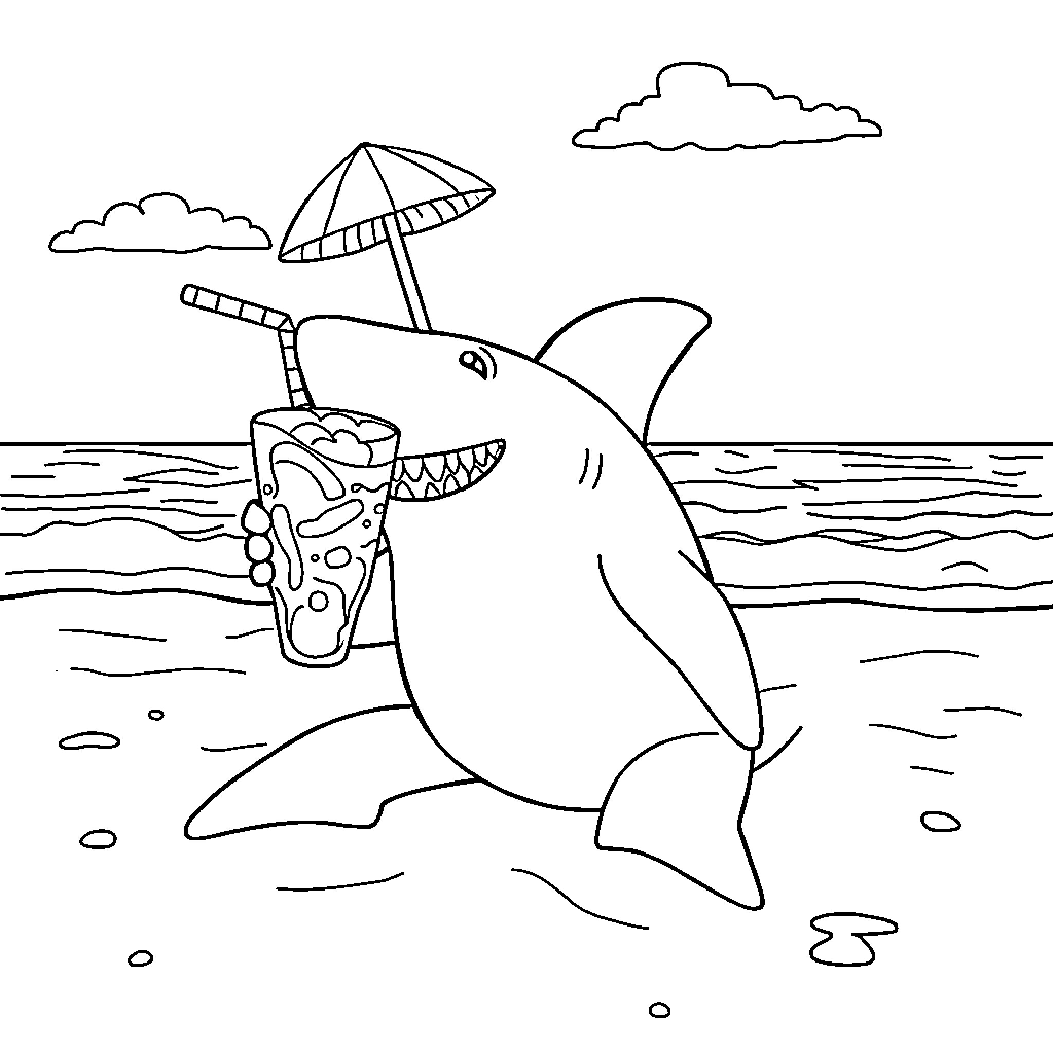Shark enjoying a tropical beach vacation Coloring Page (free black-and-white line drawing printable PDF for all, from beginners to advanced learners, including children, teens, adults, and seniors)