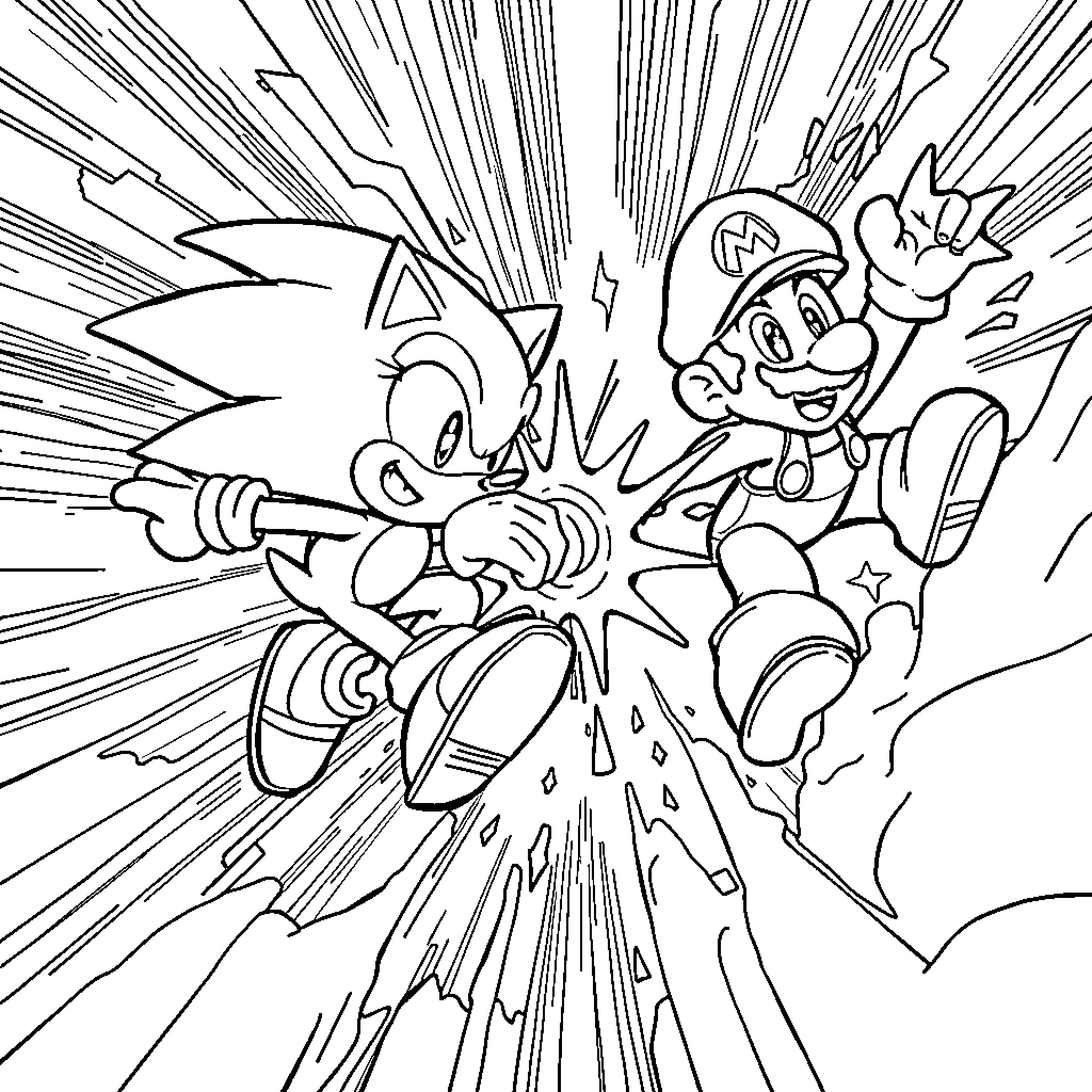 Sonic and Mario in action-packed adventure Coloring Page (free black-and-white line drawing printable PDF for all, from beginners to advanced learners, including children, teens, adults, and seniors)