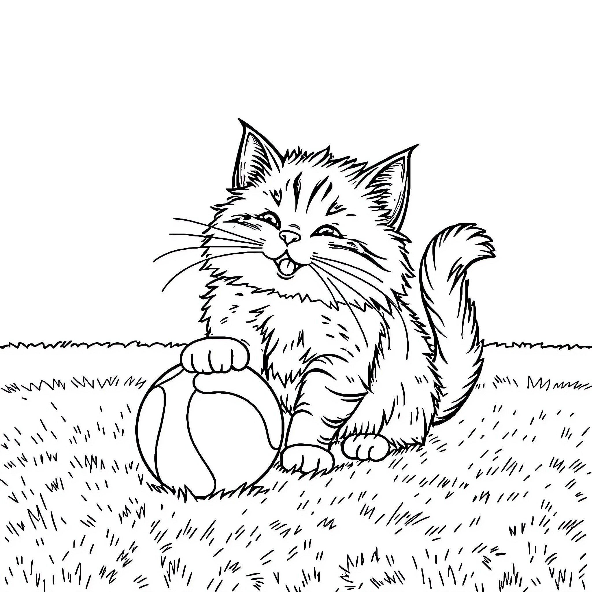 Cat playing with a ball in the grass Coloring Page (free black-and-white line drawing printable PDF for all, from beginners to advanced learners, including children, teens, adults, and seniors)