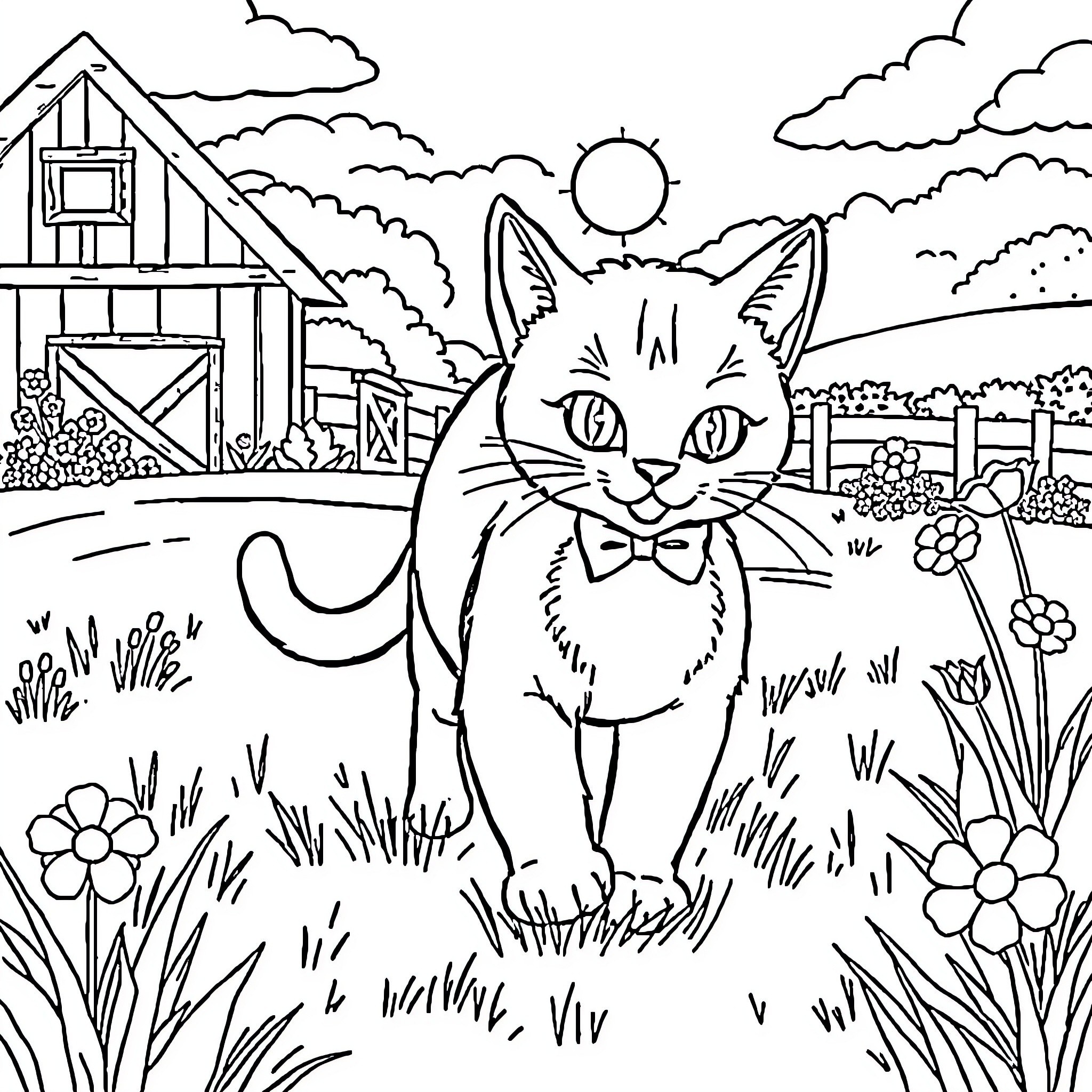 Cat exploring the countryside landscape Coloring Page (free black-and-white line drawing printable PDF for all, from beginners to advanced learners, including children, teens, adults, and seniors)