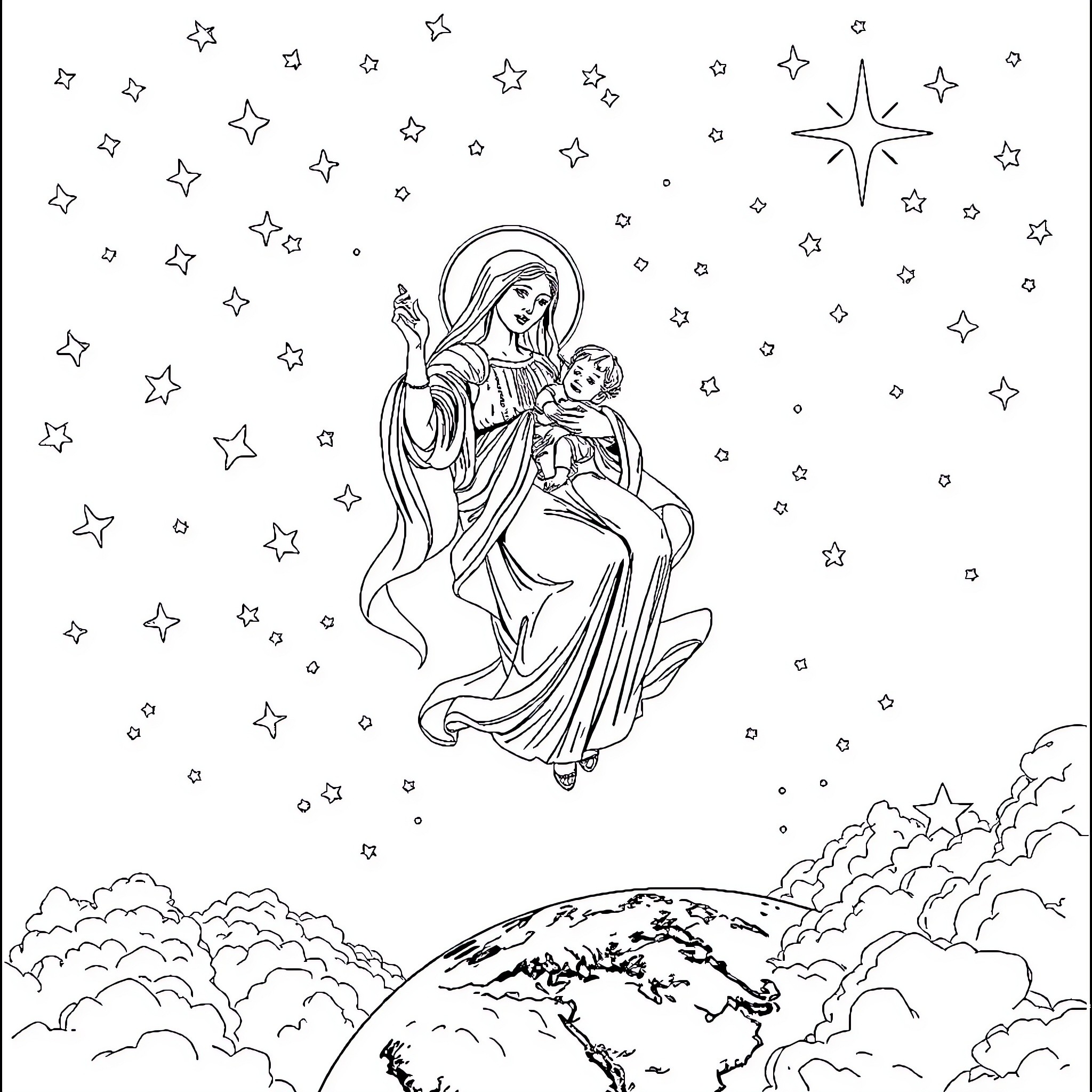 Vierge protects the heavens and Earth Coloring Page (free black-and-white line drawing printable PDF for all, from beginners to advanced learners, including children, teens, adults, and seniors)