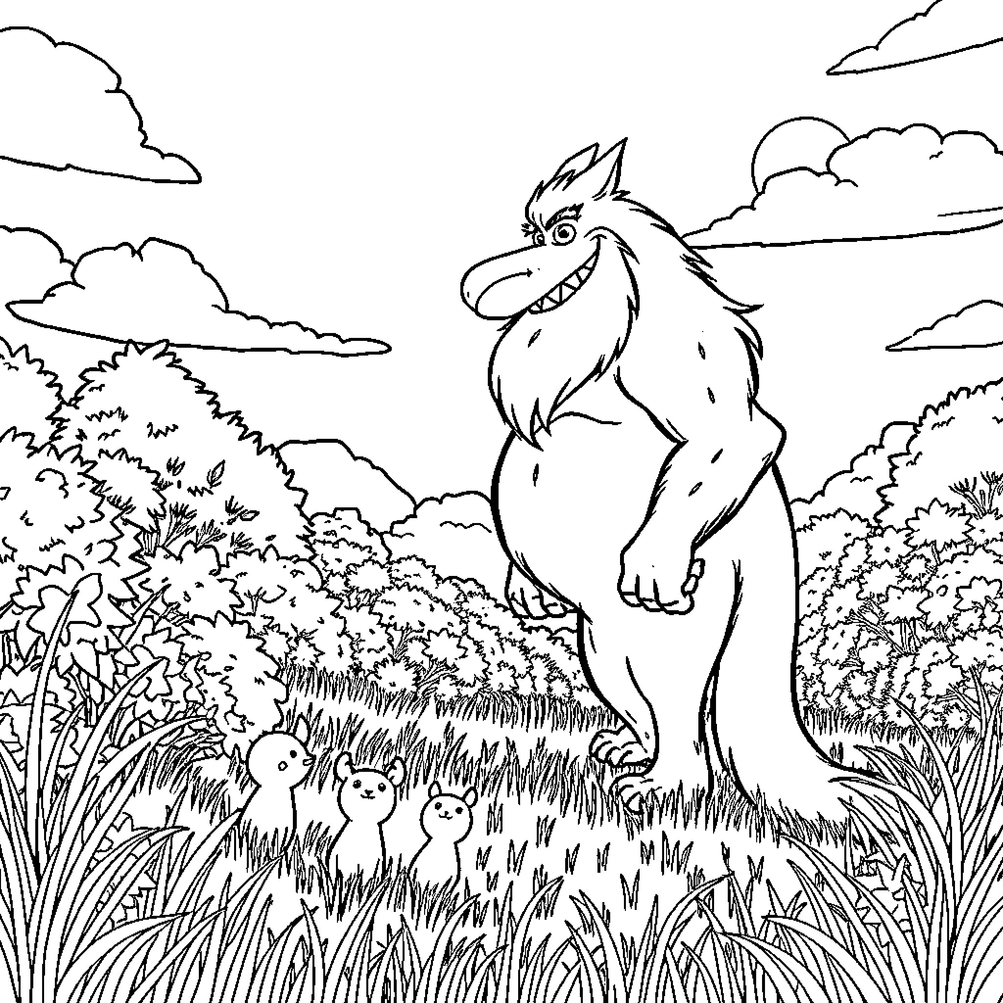 Maxx's Magical Forest Adventure Coloring Page (free black-and-white line drawing printable PDF for all, from beginners to advanced learners, including children, teens, adults, and seniors)