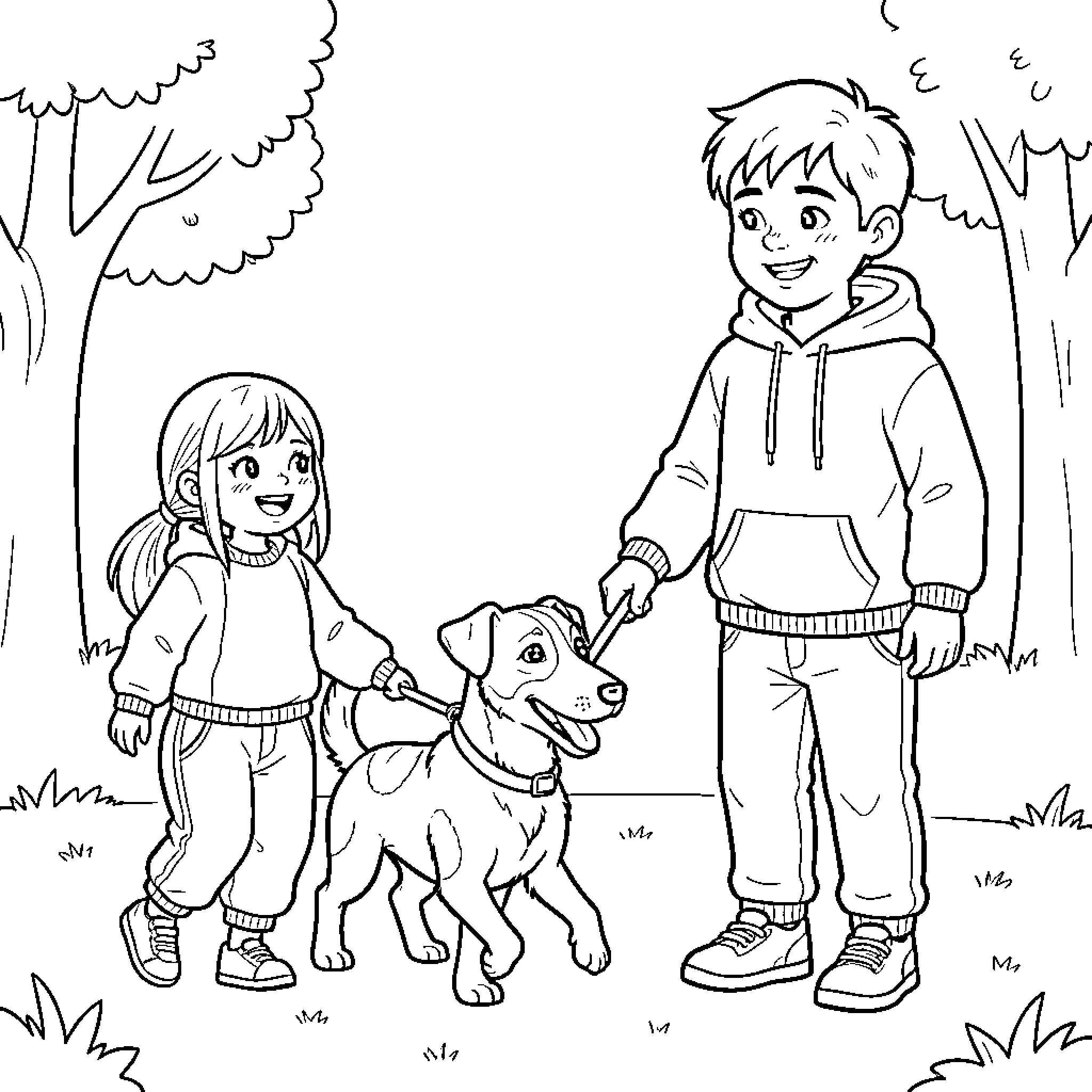 Jack Russell and friends explore the outdoors Coloring Page (free black-and-white line drawing printable PDF for all, from beginners to advanced learners, including children, teens, adults, and seniors)
