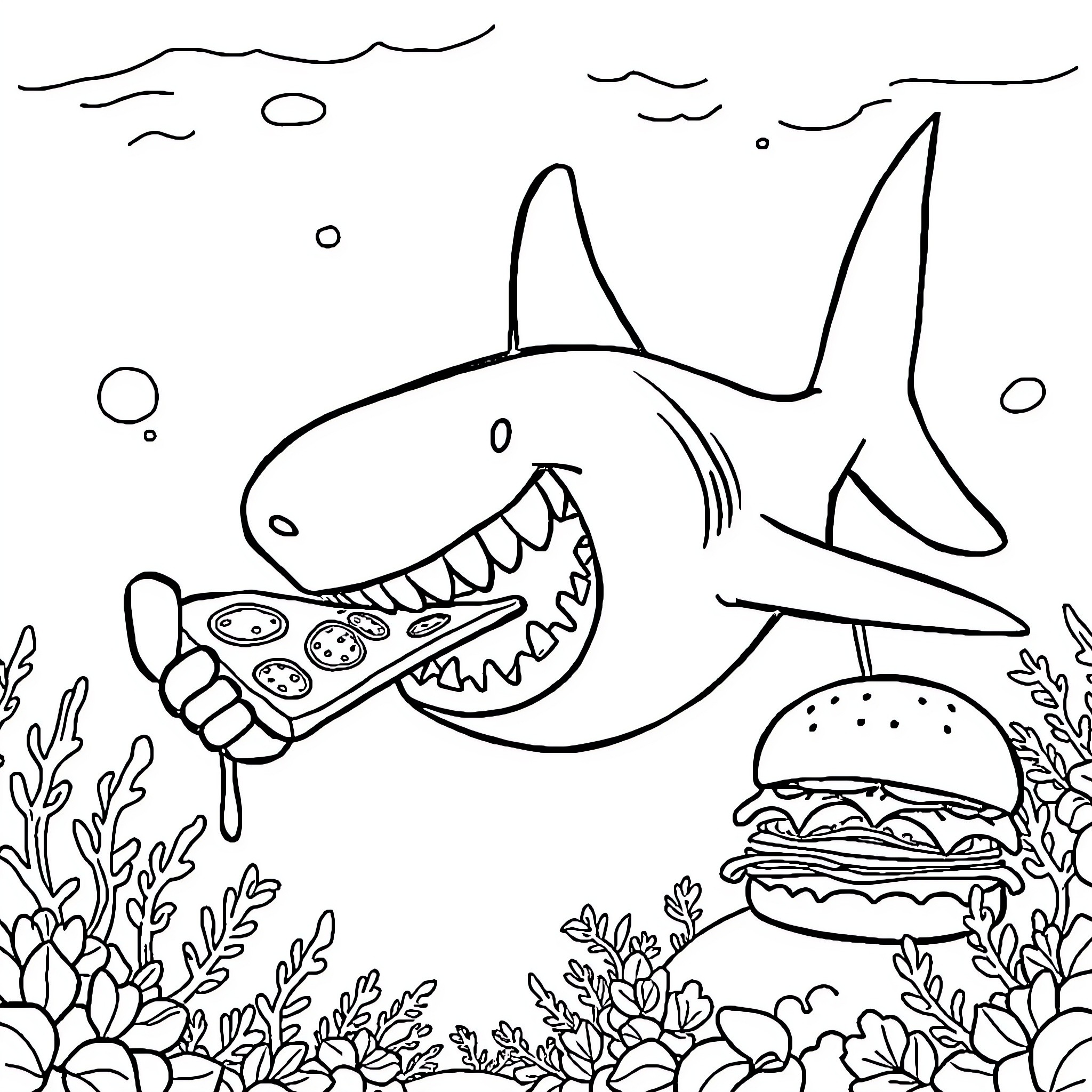 Hammerhead Shark enjoying an underwater feast Coloring Page (free black-and-white line drawing printable PDF for all, from beginners to advanced learners, including children, teens, adults, and seniors)