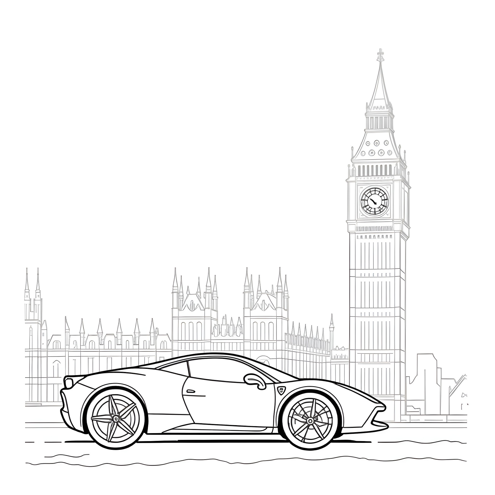 Ferrari sports car in front of Big Ben Coloring Page (free black-and-white line drawing printable PDF for all, from beginners to advanced learners, including children, teens, adults, and seniors)