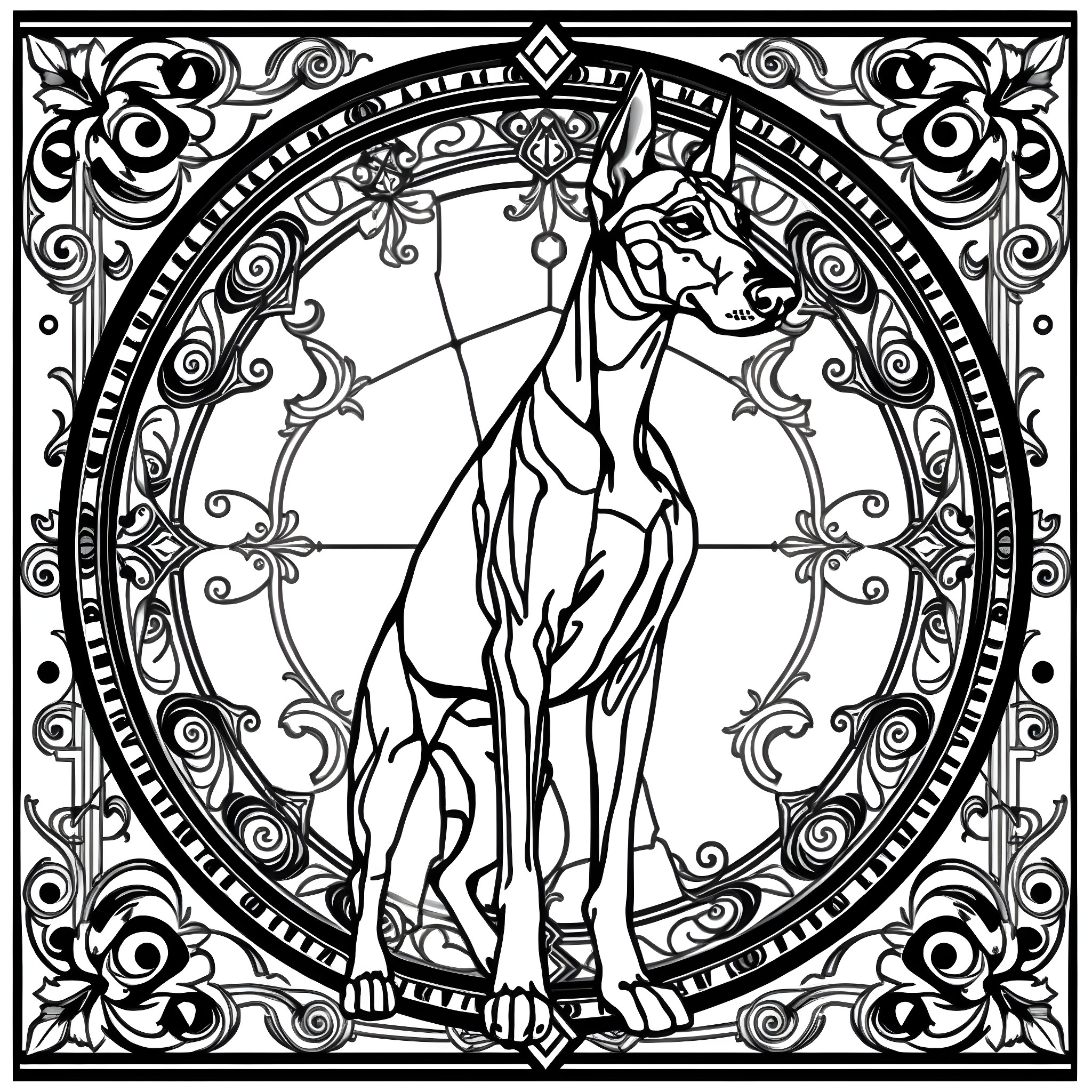 Doberman in a decorative art nouveau frame Coloring Page (free black-and-white line drawing printable PDF for all, from beginners to advanced learners, including children, teens, adults, and seniors)