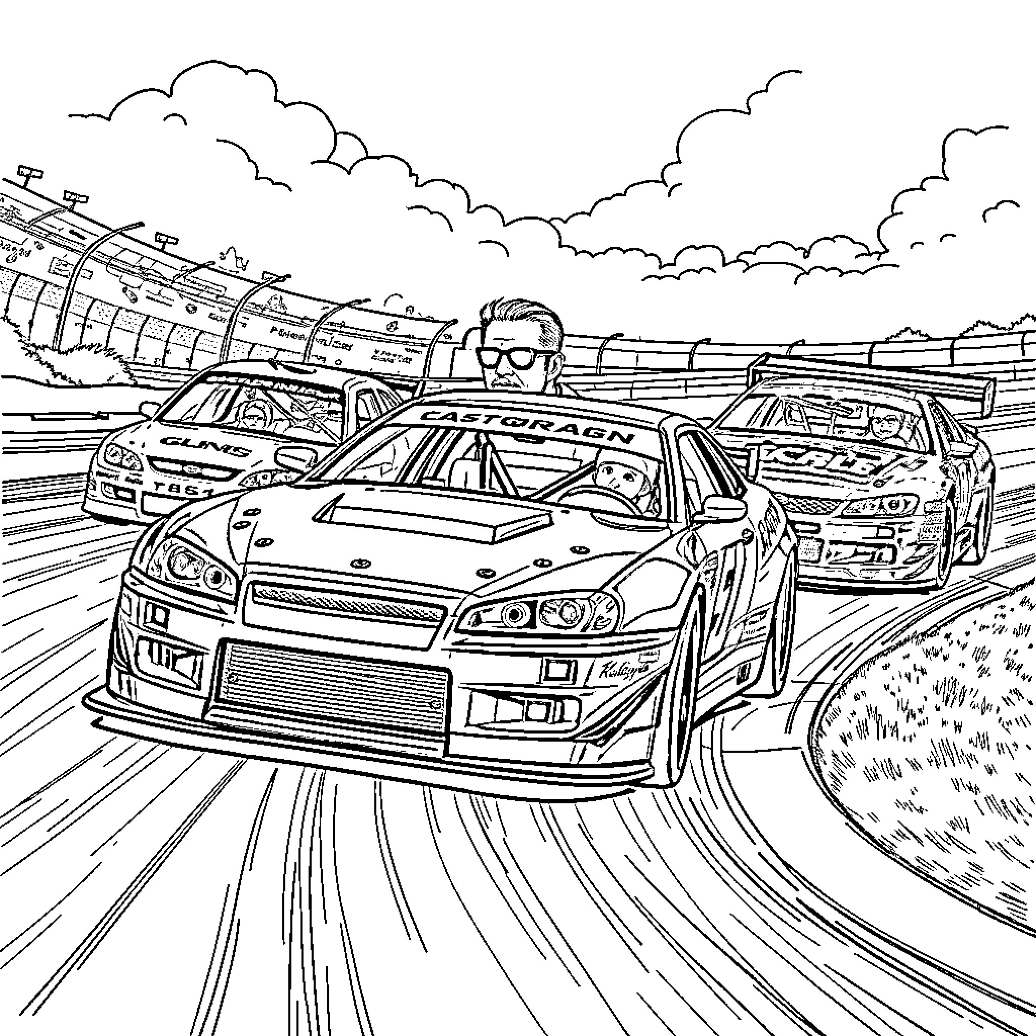 Racer speeding on racetrack with colorful cars Coloring Page (free black-and-white line drawing printable PDF for all, from beginners to advanced learners, including children, teens, adults, and seniors)