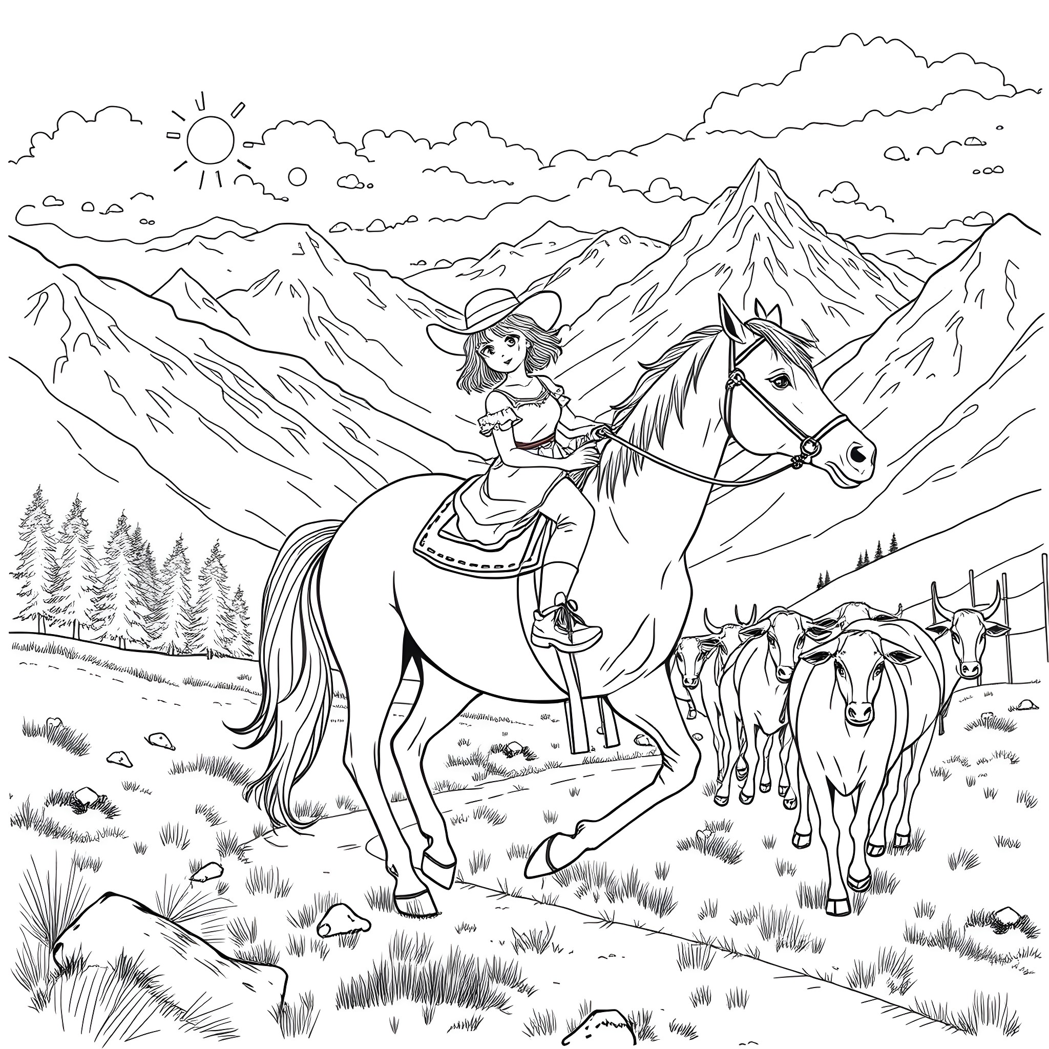 Horse Rider Enjoying Mountain Scenery Coloring Page (free black-and-white line drawing printable PDF for all, from beginners to advanced learners, including children, teens, adults, and seniors)