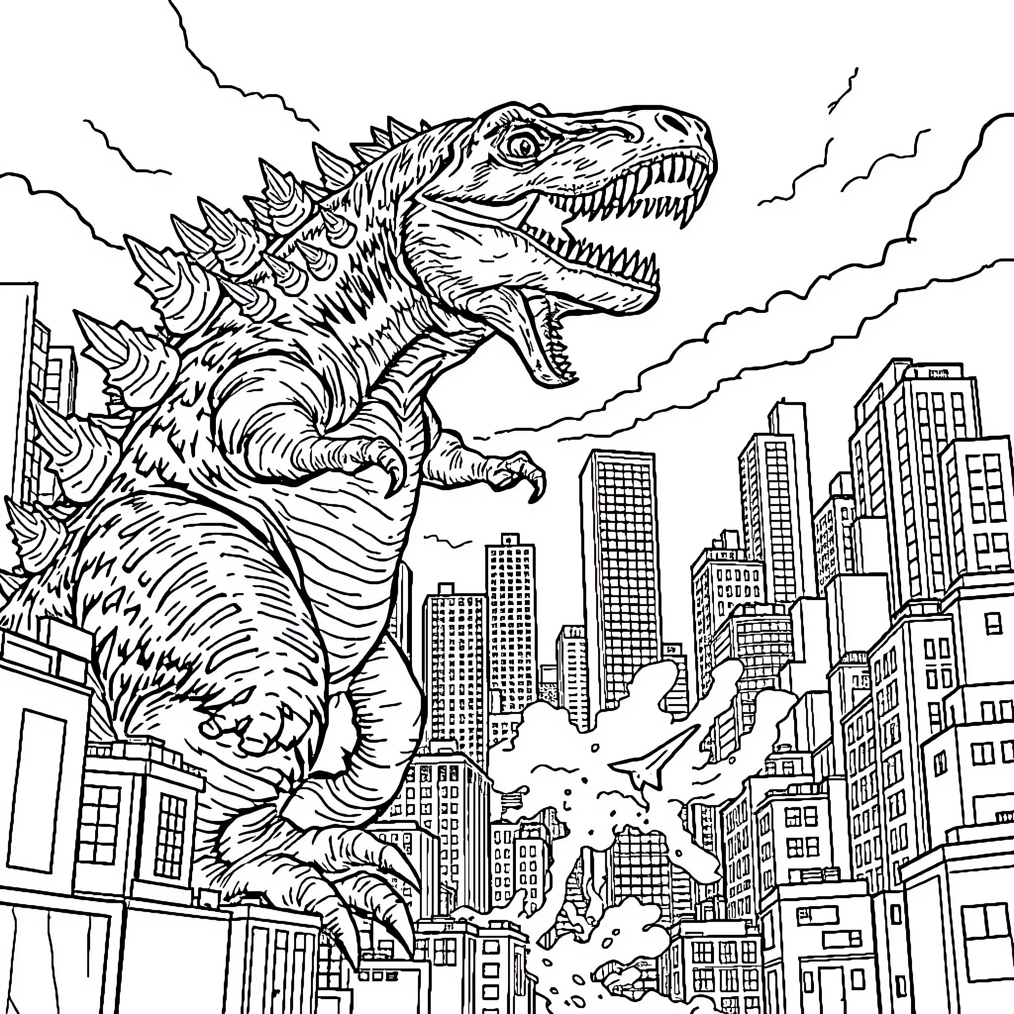 T-Rex Rampaging Through a Futuristic City Coloring Page (free black-and-white line drawing printable PDF for all, from beginners to advanced learners, including children, teens, adults, and seniors)