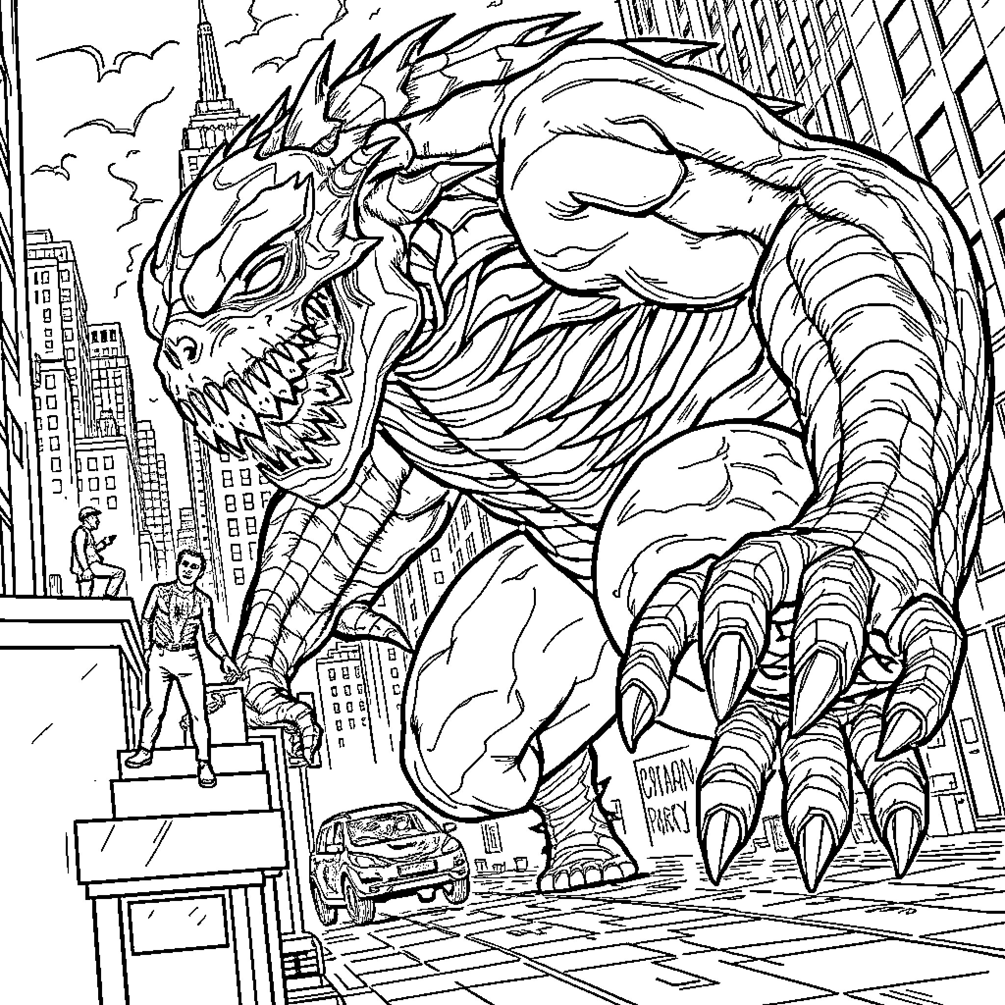 Monster Attacks City with Fearsome Claws and Teeth Coloring Page (free black-and-white line drawing printable PDF for all, from beginners to advanced learners, including children, teens, adults, and seniors)