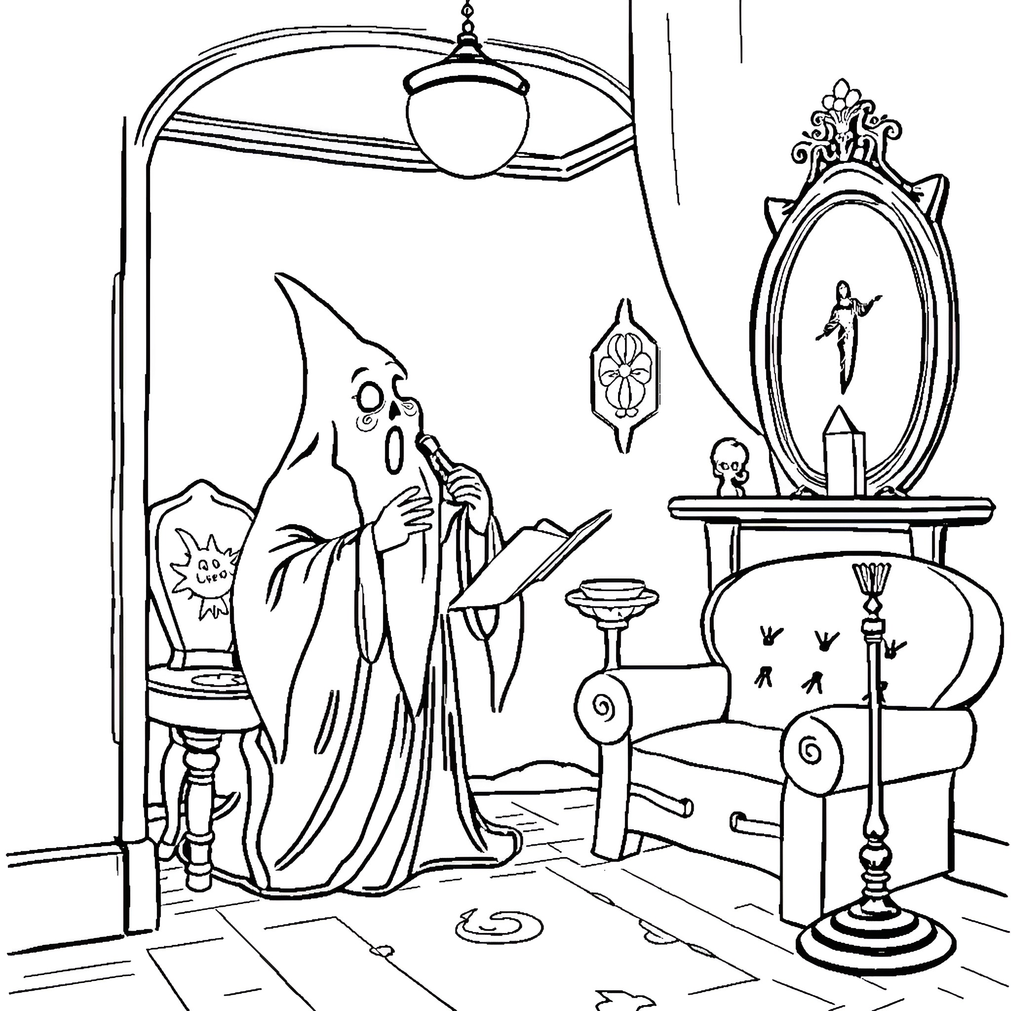 Ghost performing ritual in mystical chamber Coloring Page (free black-and-white line drawing printable PDF for all, from beginners to advanced learners, including children, teens, adults, and seniors)
