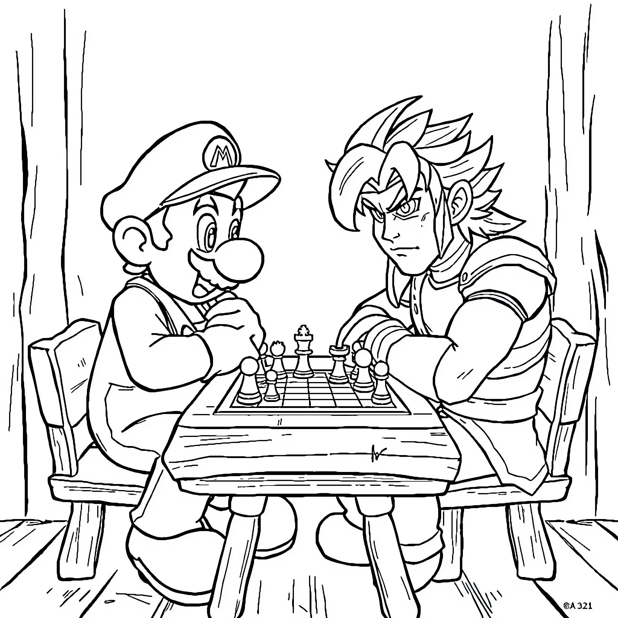 Mario and Opponent Playing Chess Coloring Page (free black-and-white line drawing printable PDF for all, from beginners to advanced learners, including children, teens, adults, and seniors)