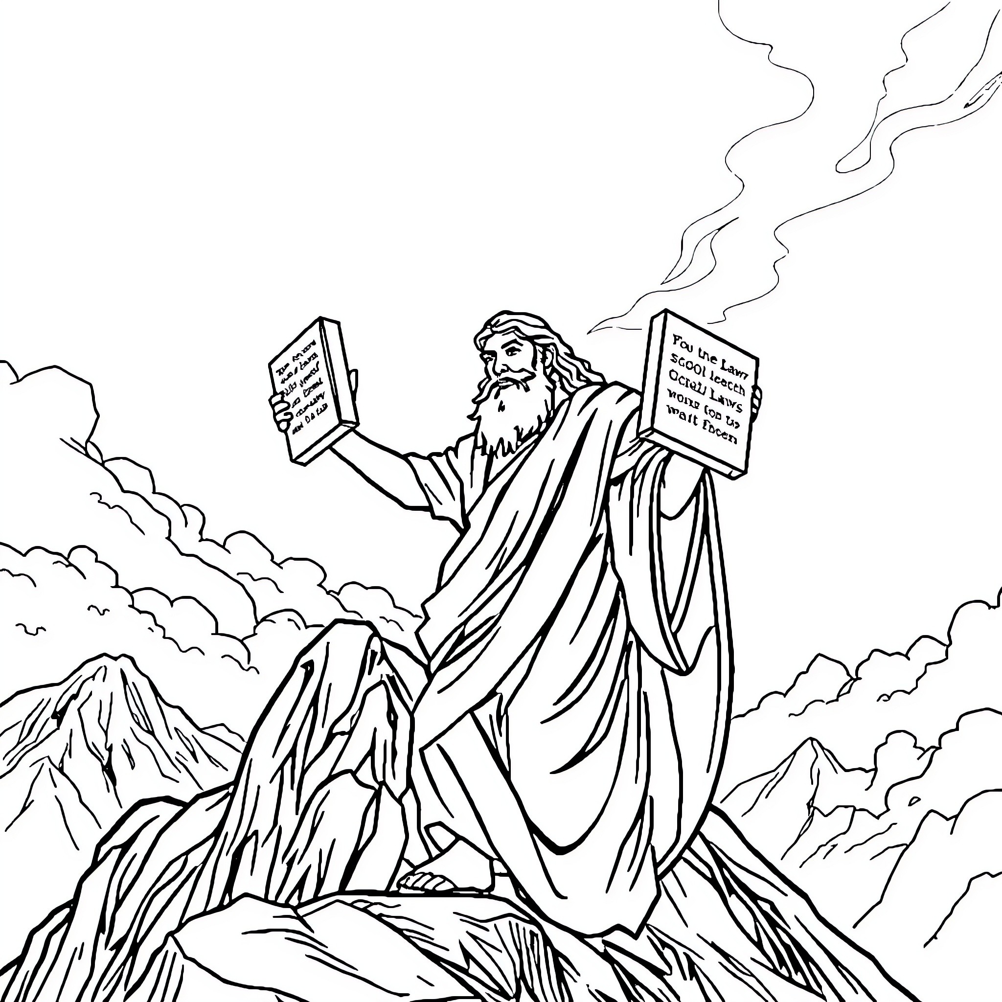Moses Receiving the Ten Commandments on Mount Sinai Coloring Page (free black-and-white line drawing printable PDF for all, from beginners to advanced learners, including children, teens, adults, and seniors)