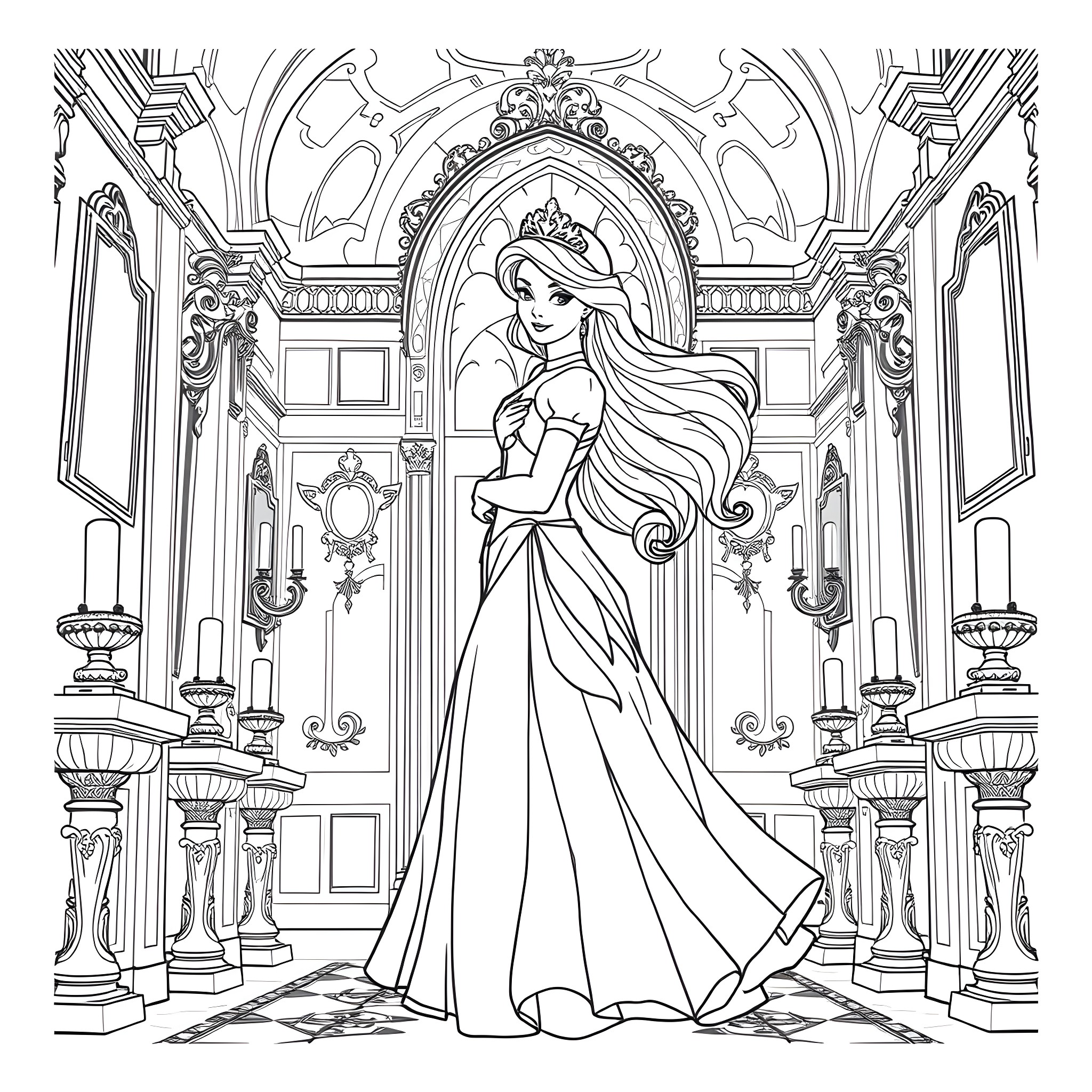 Princess in a grand palace hall Coloring Page (free black-and-white line drawing printable PDF for all, from beginners to advanced learners, including children, teens, adults, and seniors)