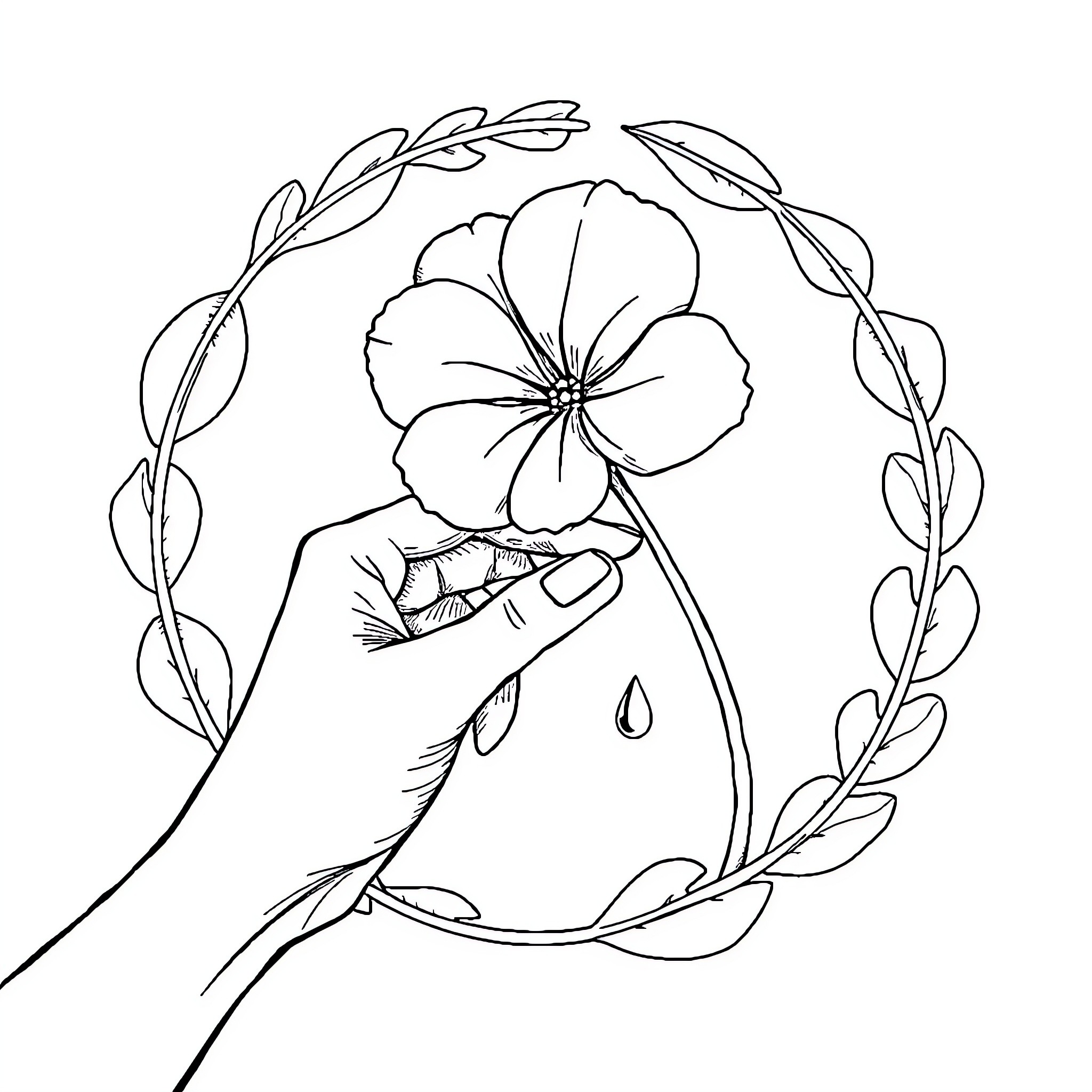 Main Flower held in hand with wreath Coloring Page (free black-and-white line drawing printable PDF for all, from beginners to advanced learners, including children, teens, adults, and seniors)