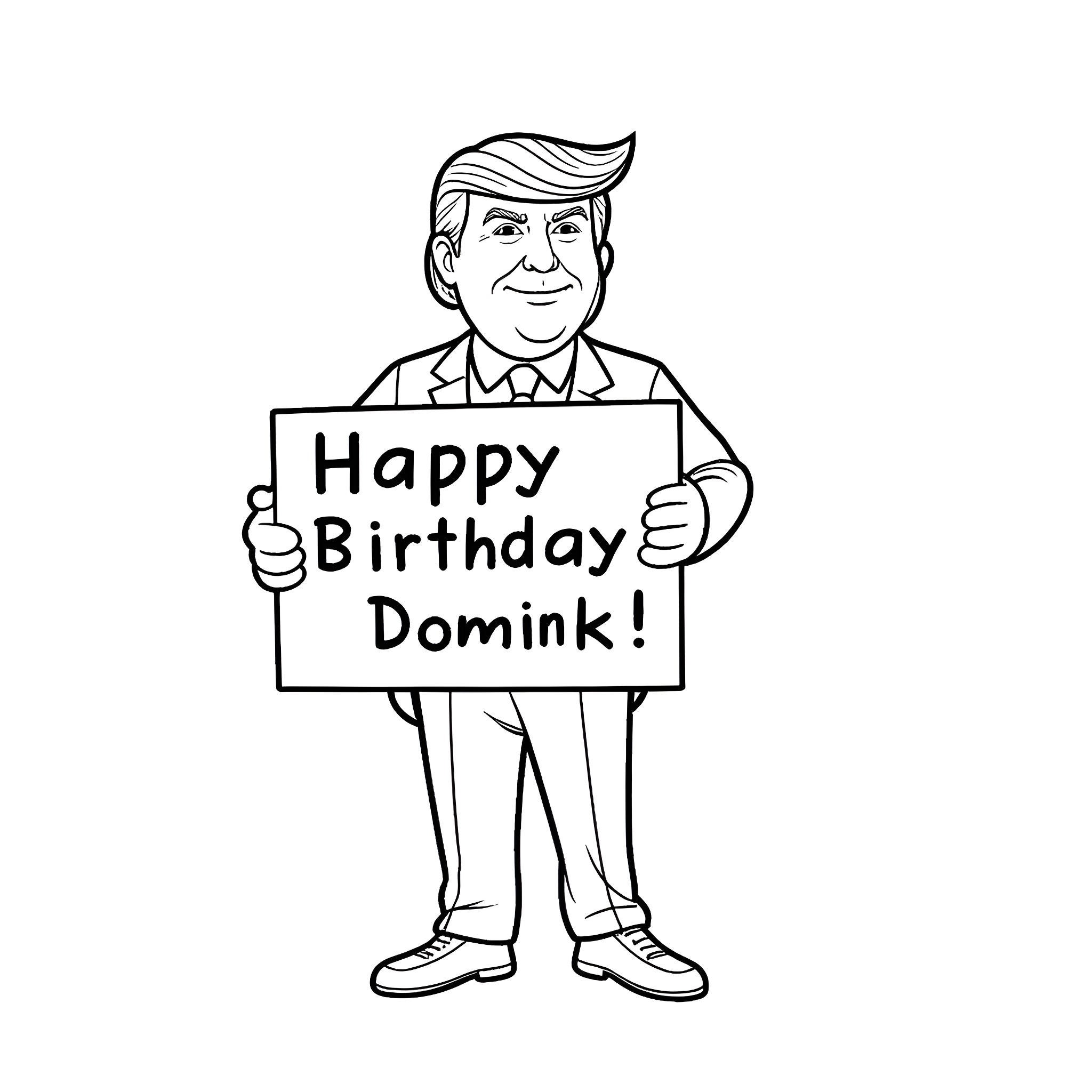 Donald Trump wishing Happy Birthday to Dominik Coloring Page (free black-and-white line drawing printable PDF for all, from beginners to advanced learners, including children, teens, adults, and seniors)