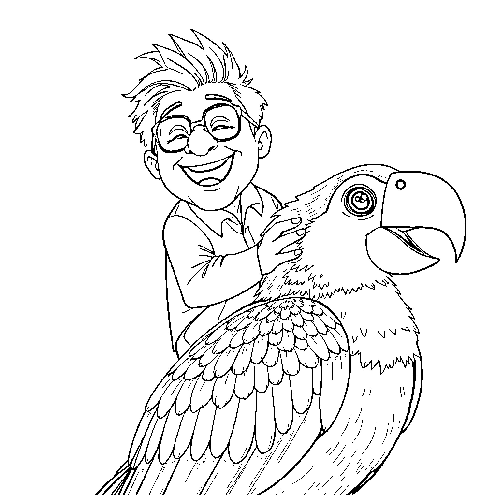 Carl Fredricksen with a Colorful Parrot Coloring Page (free black-and-white line drawing printable PDF for all, from beginners to advanced learners, including children, teens, adults, and seniors)