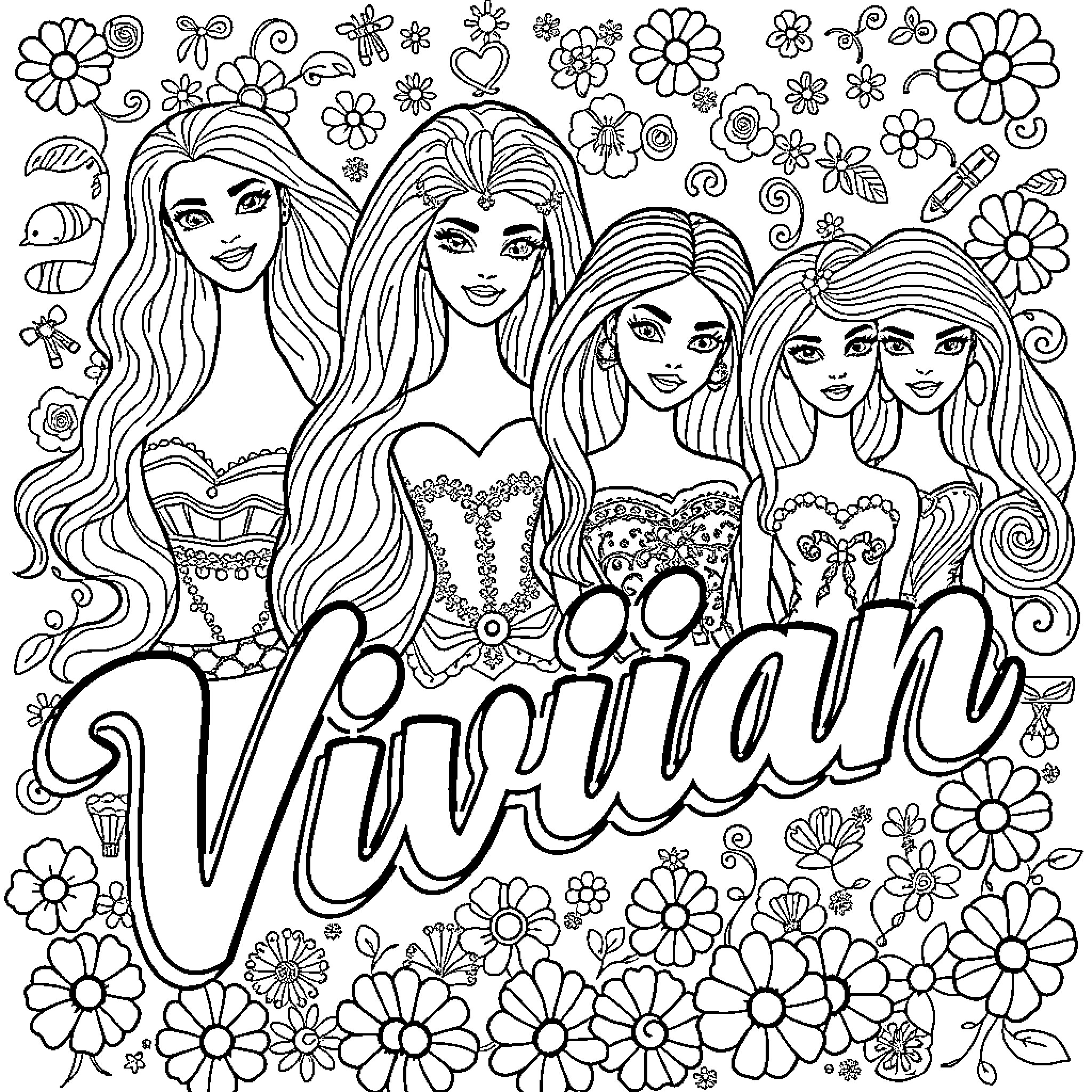 Barbie dolls surrounded by colorful flowers Coloring Page (free black-and-white line drawing printable PDF for all, from beginners to advanced learners, including children, teens, adults, and seniors)