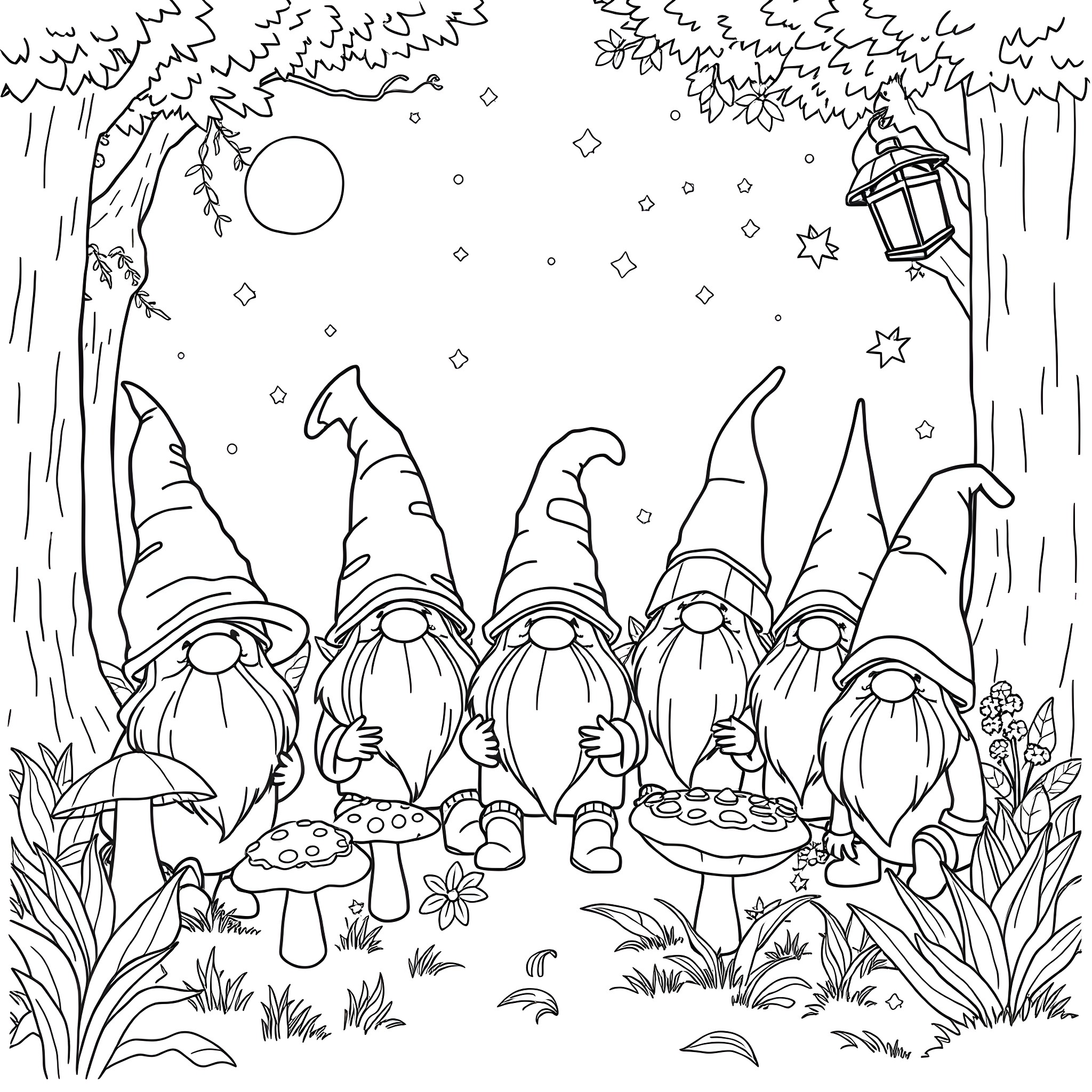 Gnomes in the enchanted forest Coloring Page (free black-and-white line drawing printable PDF for all, from beginners to advanced learners, including children, teens, adults, and seniors)