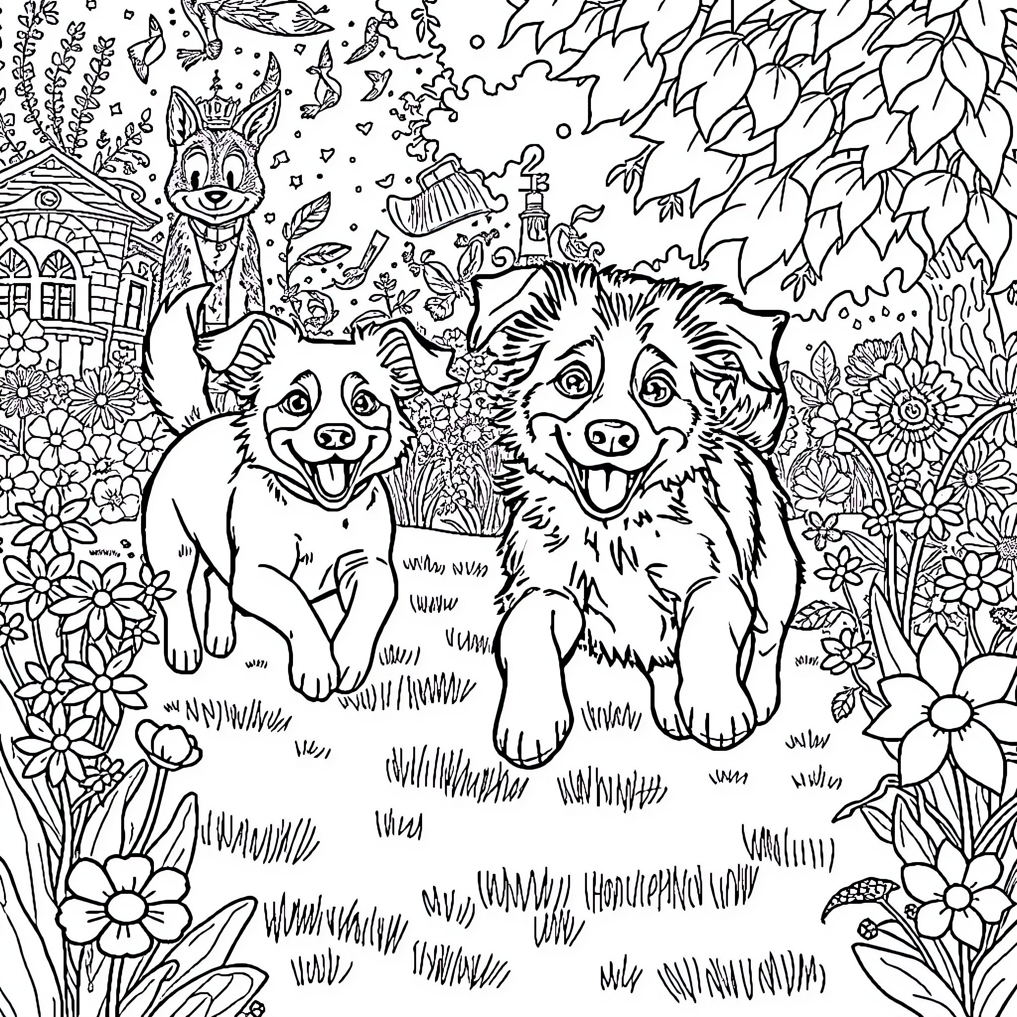 Dog companions enjoying a floral garden Coloring Page (free black-and-white line drawing printable PDF for all, from beginners to advanced learners, including children, teens, adults, and seniors)