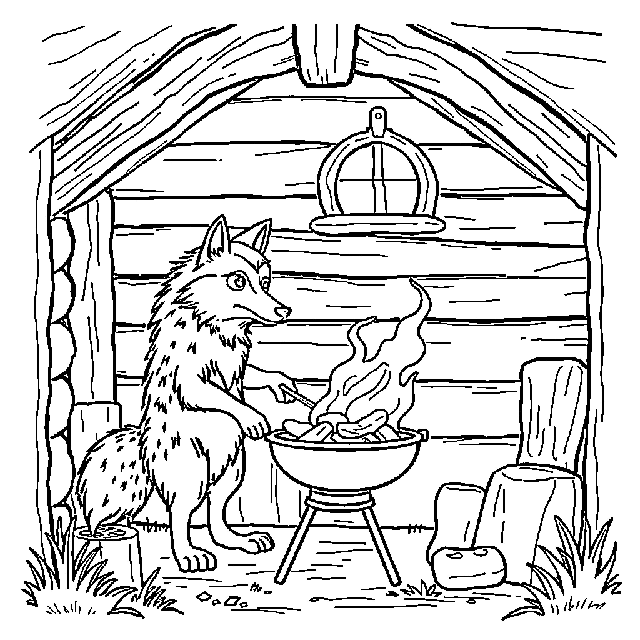 Wolf Cooking by the Campfire in Cabin Coloring Page (free black-and-white line drawing printable PDF for all, from beginners to advanced learners, including children, teens, adults, and seniors)