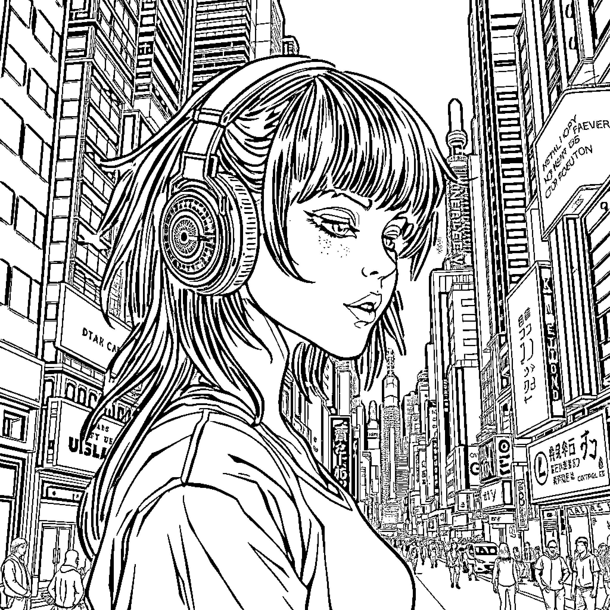 Cyberpunk Girl in Futuristic City Landscape Coloring Page (free black-and-white line drawing printable PDF for all, from beginners to advanced learners, including children, teens, adults, and seniors)