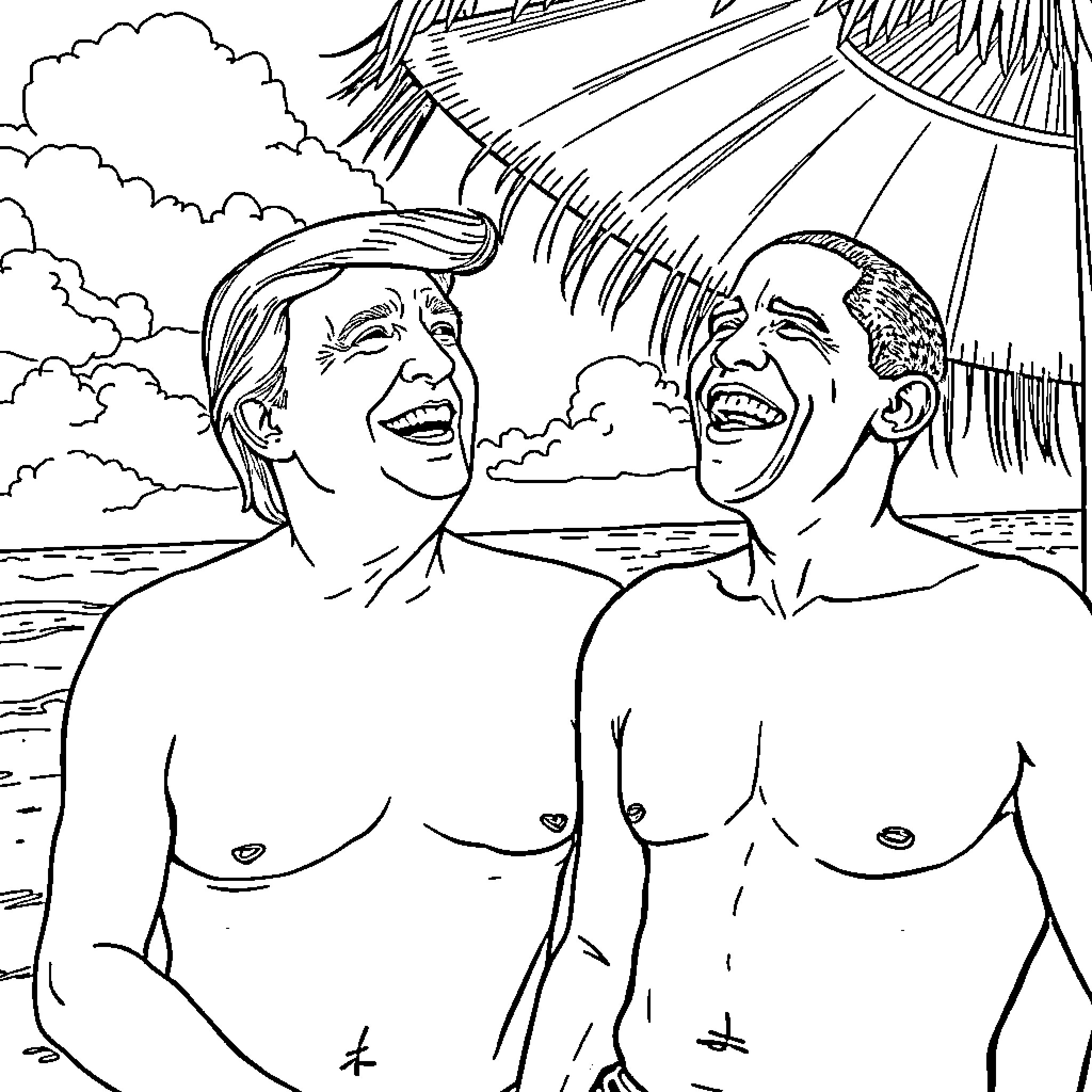 Trump and companion enjoying tropical scene Coloring Page (free black-and-white line drawing printable PDF for all, from beginners to advanced learners, including children, teens, adults, and seniors)