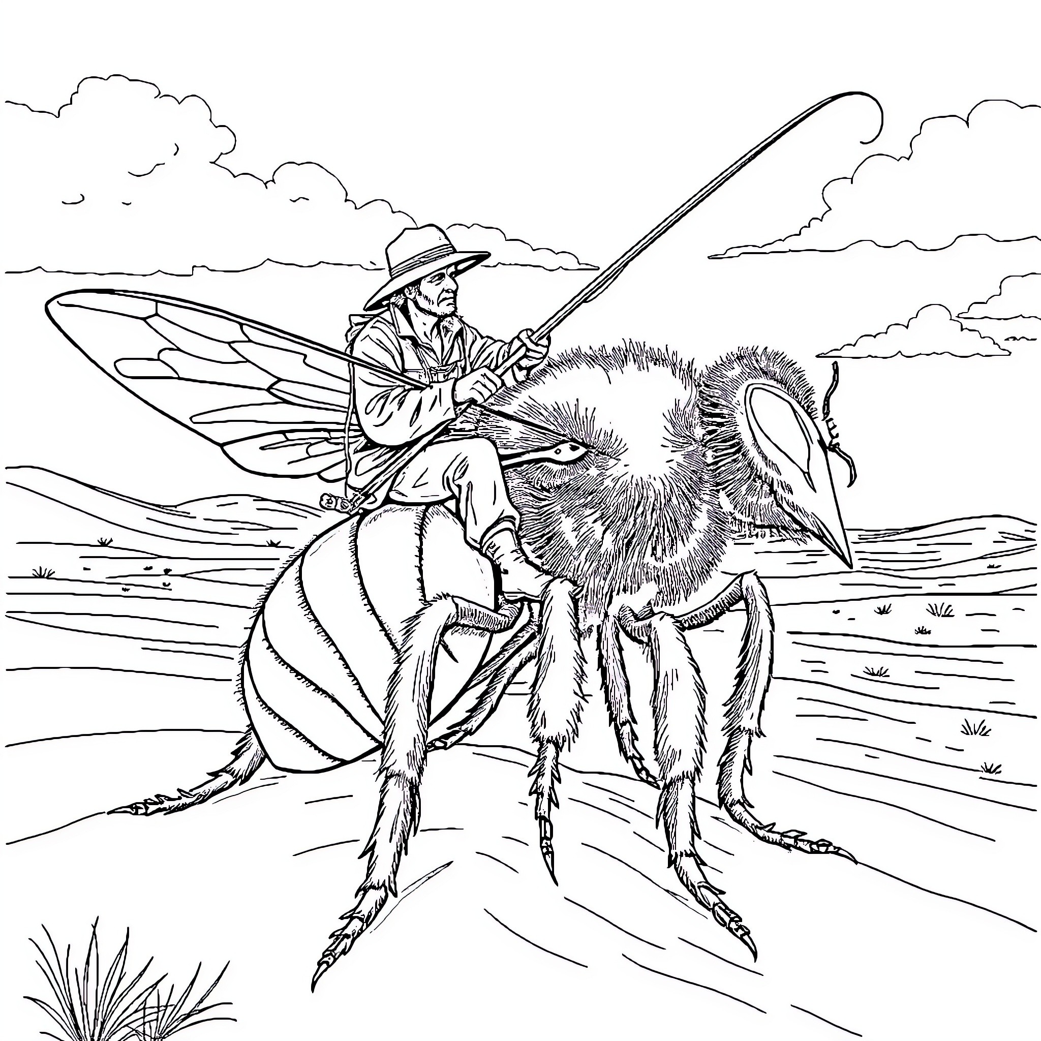 Fisherman sitting on a giant bee in a serene landscape Coloring Page (free black-and-white line drawing printable PDF for all, from beginners to advanced learners, including children, teens, adults, and seniors)