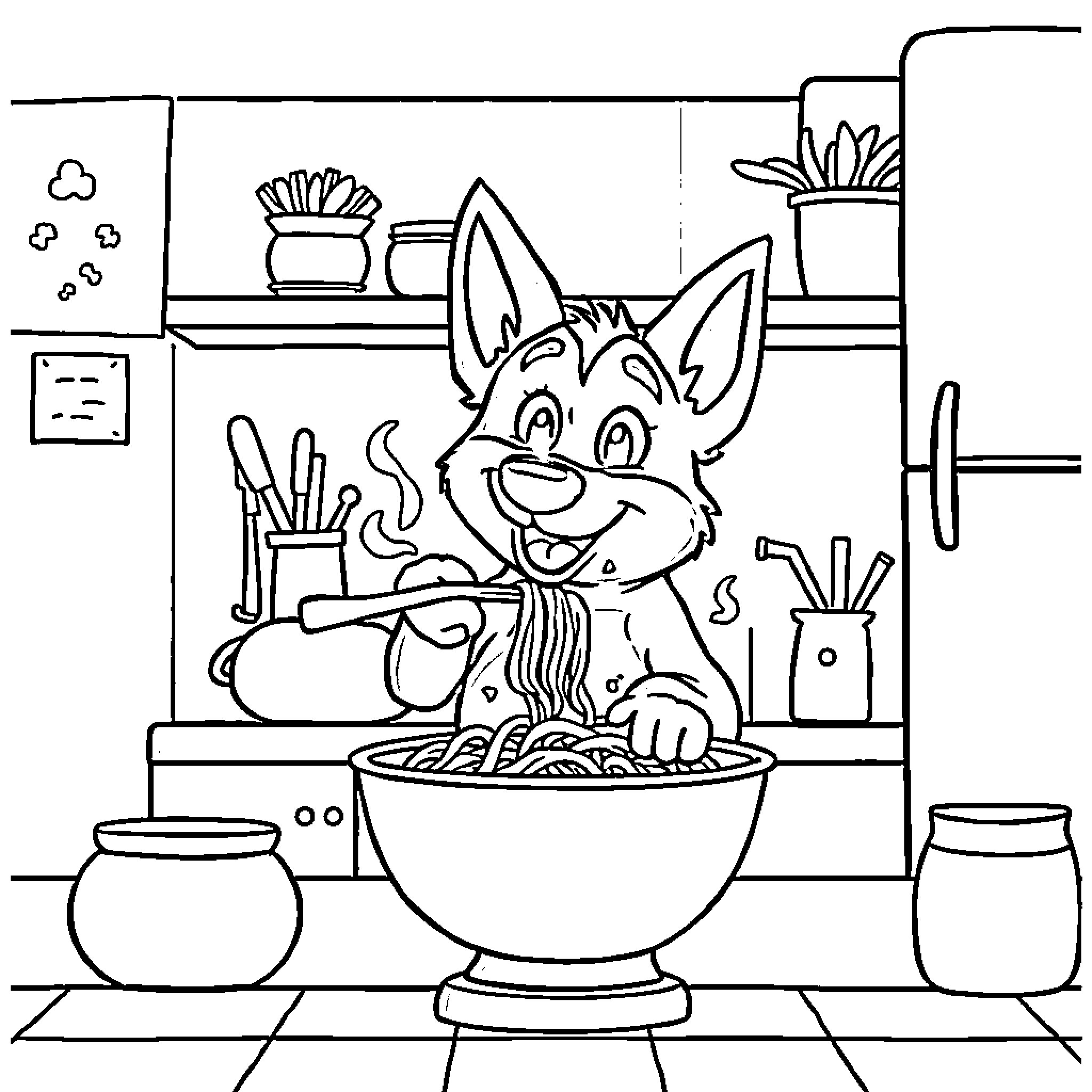 Bluey cooking a delicious meal in the kitchen Coloring Page (free black-and-white line drawing printable PDF for all, from beginners to advanced learners, including children, teens, adults, and seniors)