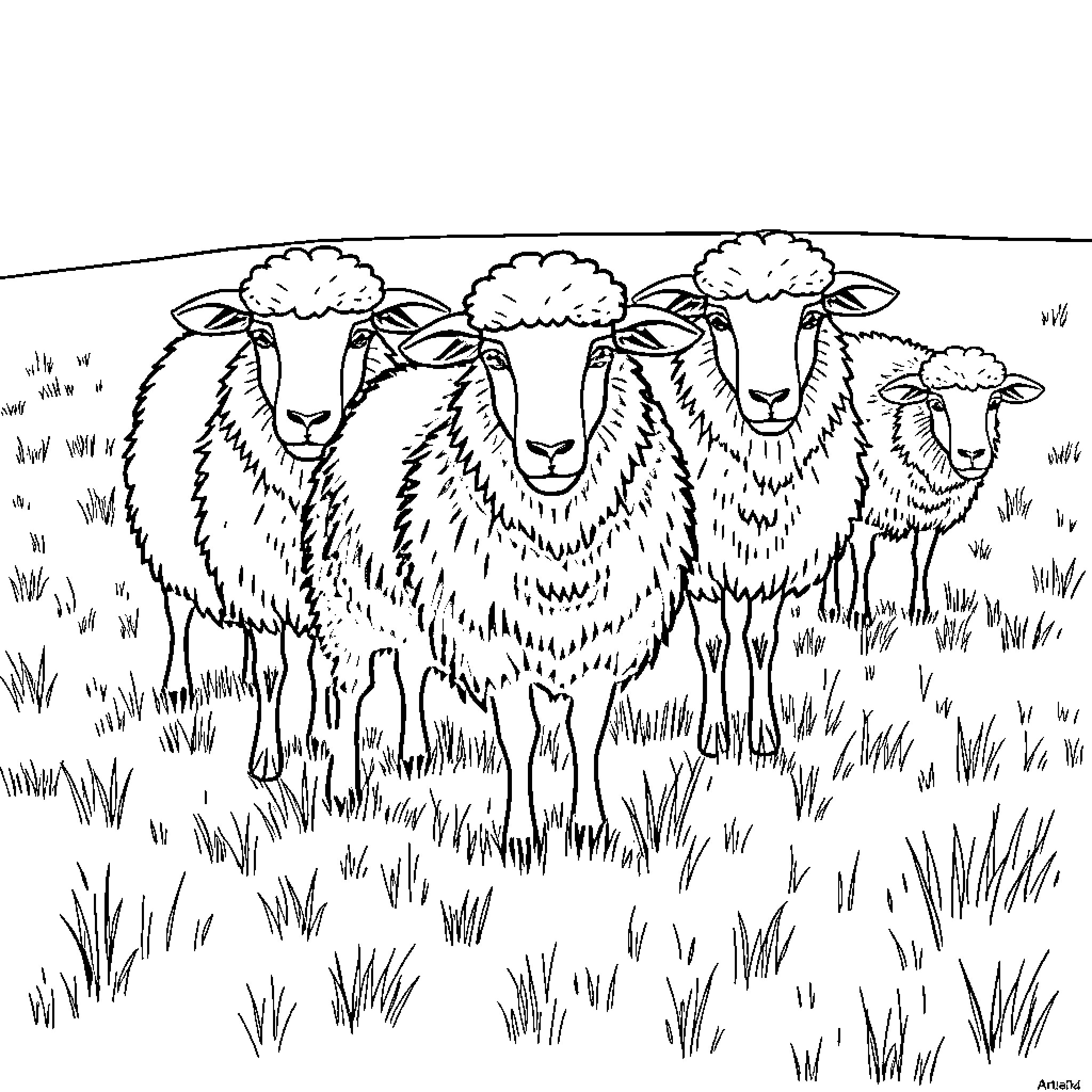 Sheep grazing peacefully in a grassy field Coloring Page (free black-and-white line drawing printable PDF for all, from beginners to advanced learners, including children, teens, adults, and seniors)