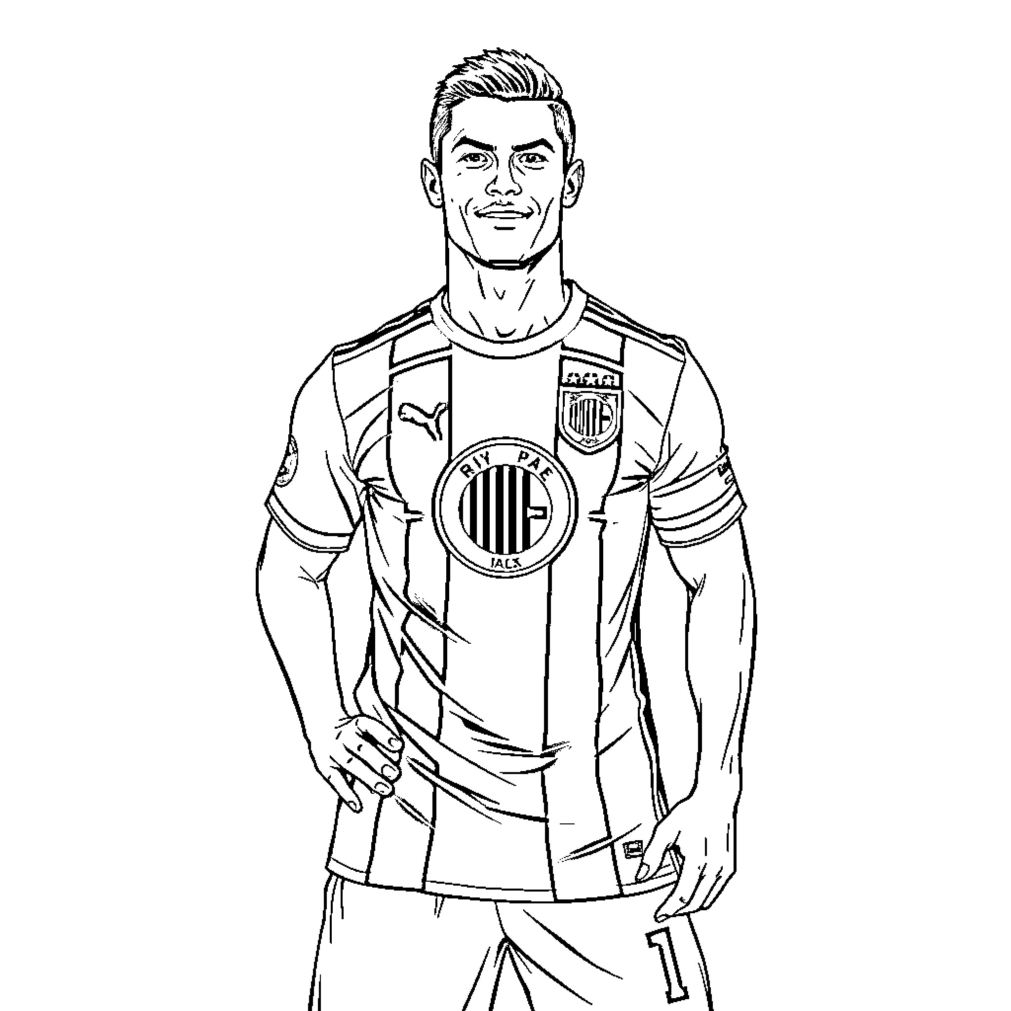 Cristiano Ronaldo in soccer uniform and stance Coloring Page (free black-and-white line drawing printable PDF for all, from beginners to advanced learners, including children, teens, adults, and seniors)