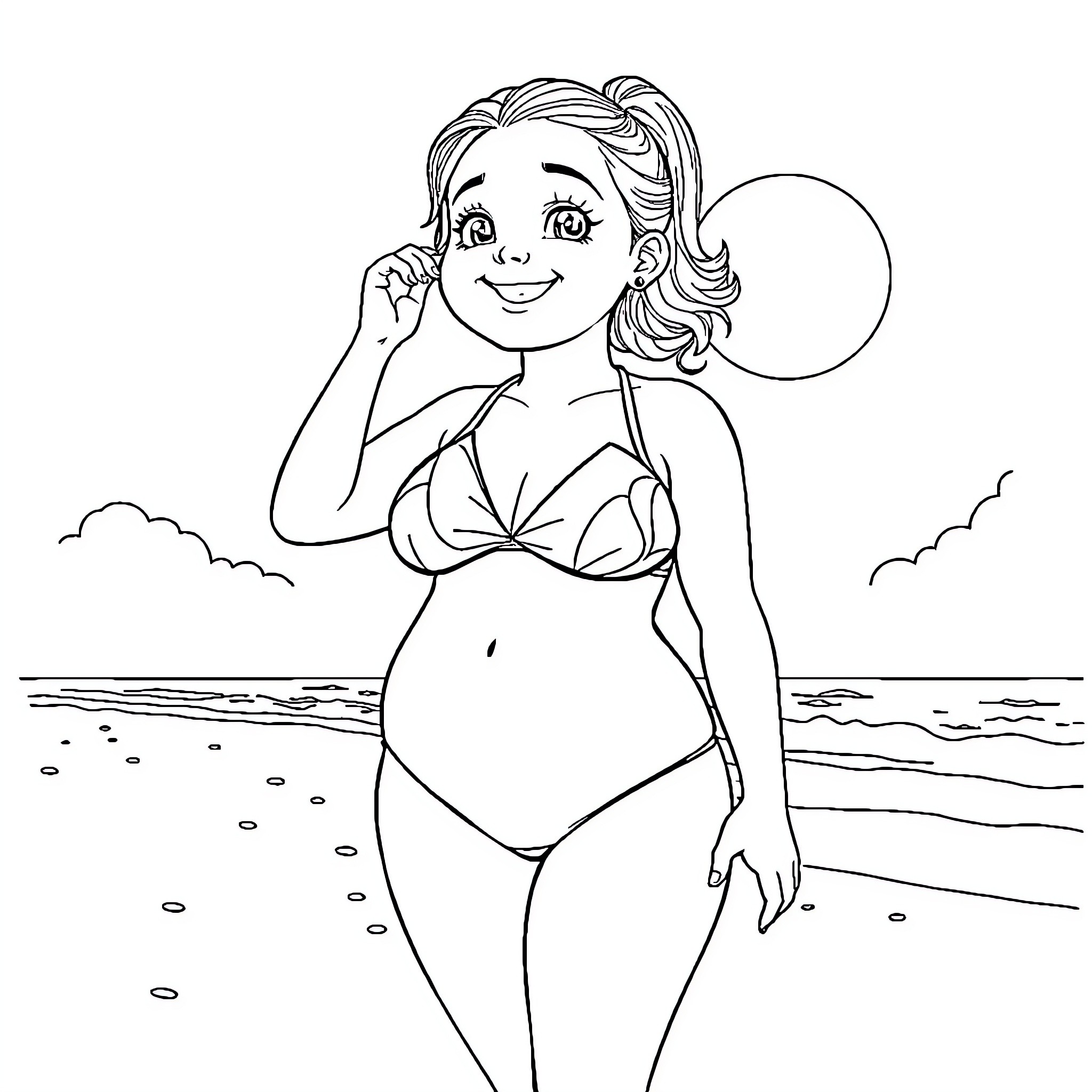 Girl enjoying the beach in swimwear Coloring Page (free black-and-white line drawing printable PDF for all, from beginners to advanced learners, including children, teens, adults, and seniors)