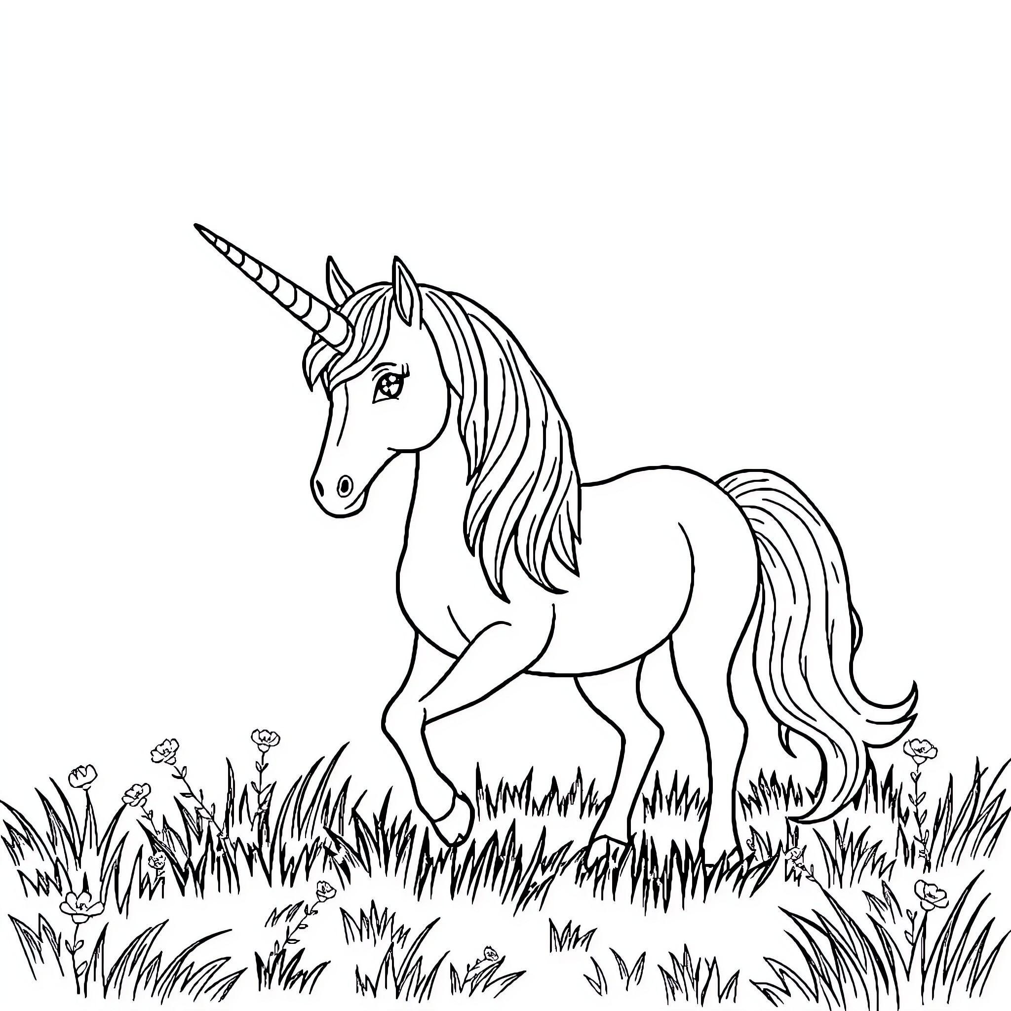 Unicorn prancing through a lush meadow Coloring Page (free black-and-white line drawing printable PDF for all, from beginners to advanced learners, including children, teens, adults, and seniors)