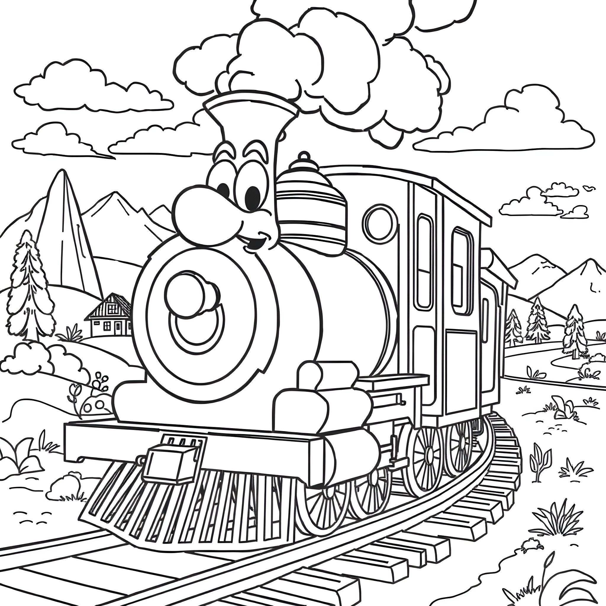 Train Traveling Through a Scenic Landscape Coloring Page (free black-and-white line drawing printable PDF for all, from beginners to advanced learners, including children, teens, adults, and seniors)