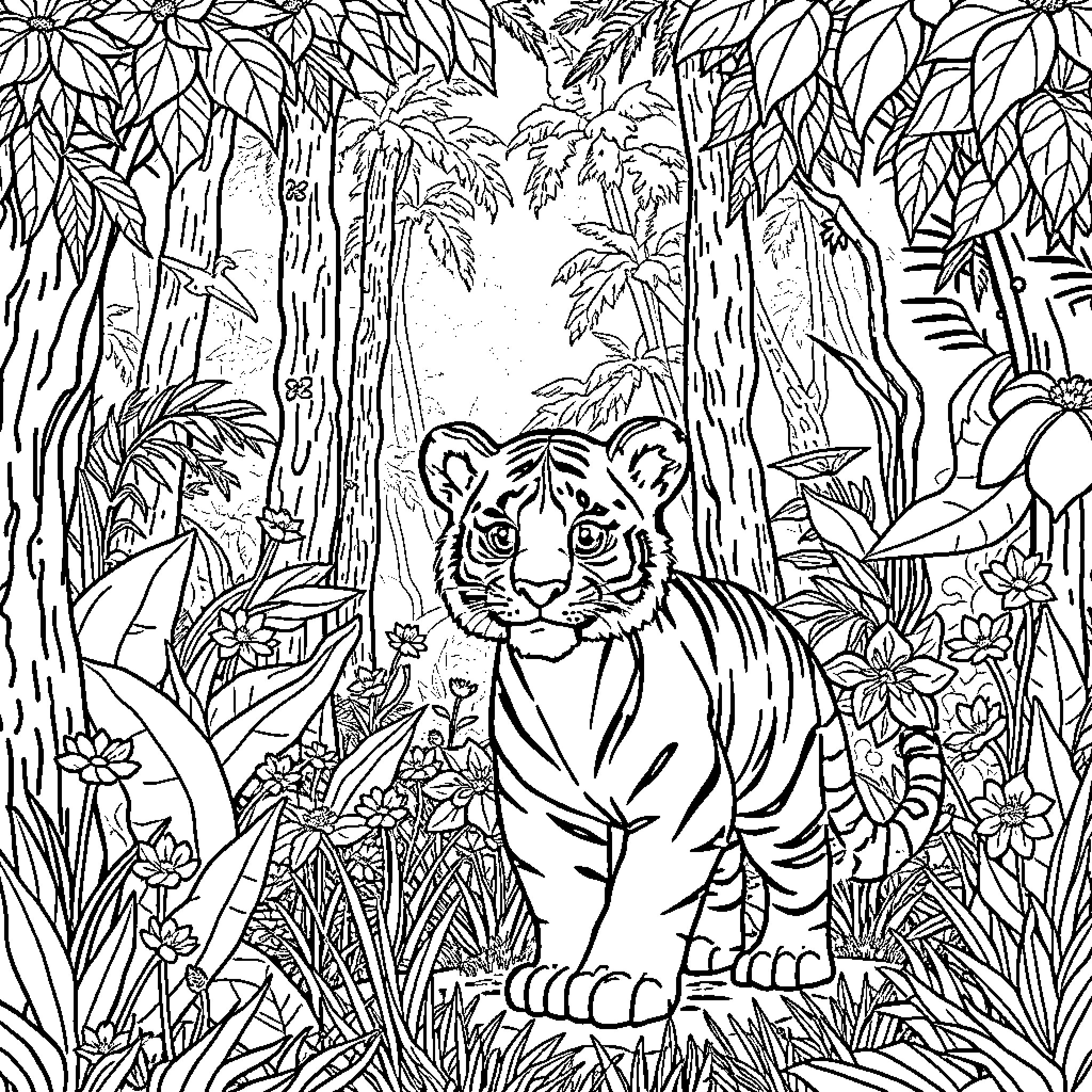 Tiger Exploring the Lush Jungle Landscape Coloring Page (free black-and-white line drawing printable PDF for all, from beginners to advanced learners, including children, teens, adults, and seniors)