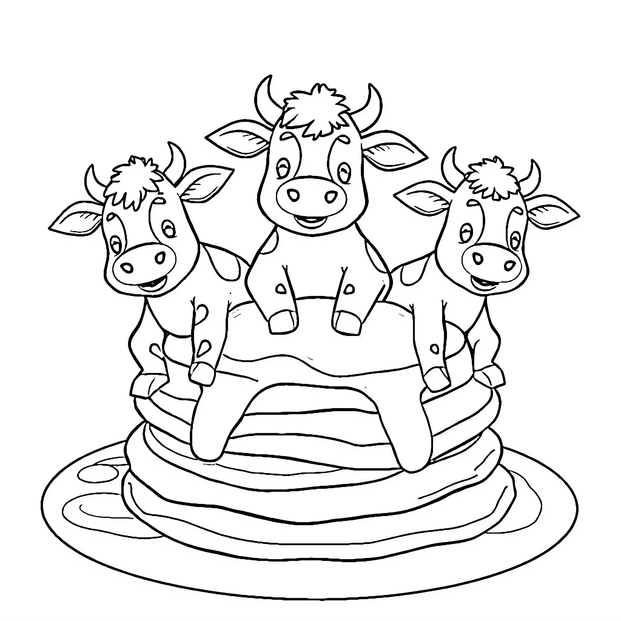 Cow friends playing on a colorful rug Coloring Page (free black-and-white line drawing printable PDF for all, from beginners to advanced learners, including children, teens, adults, and seniors)