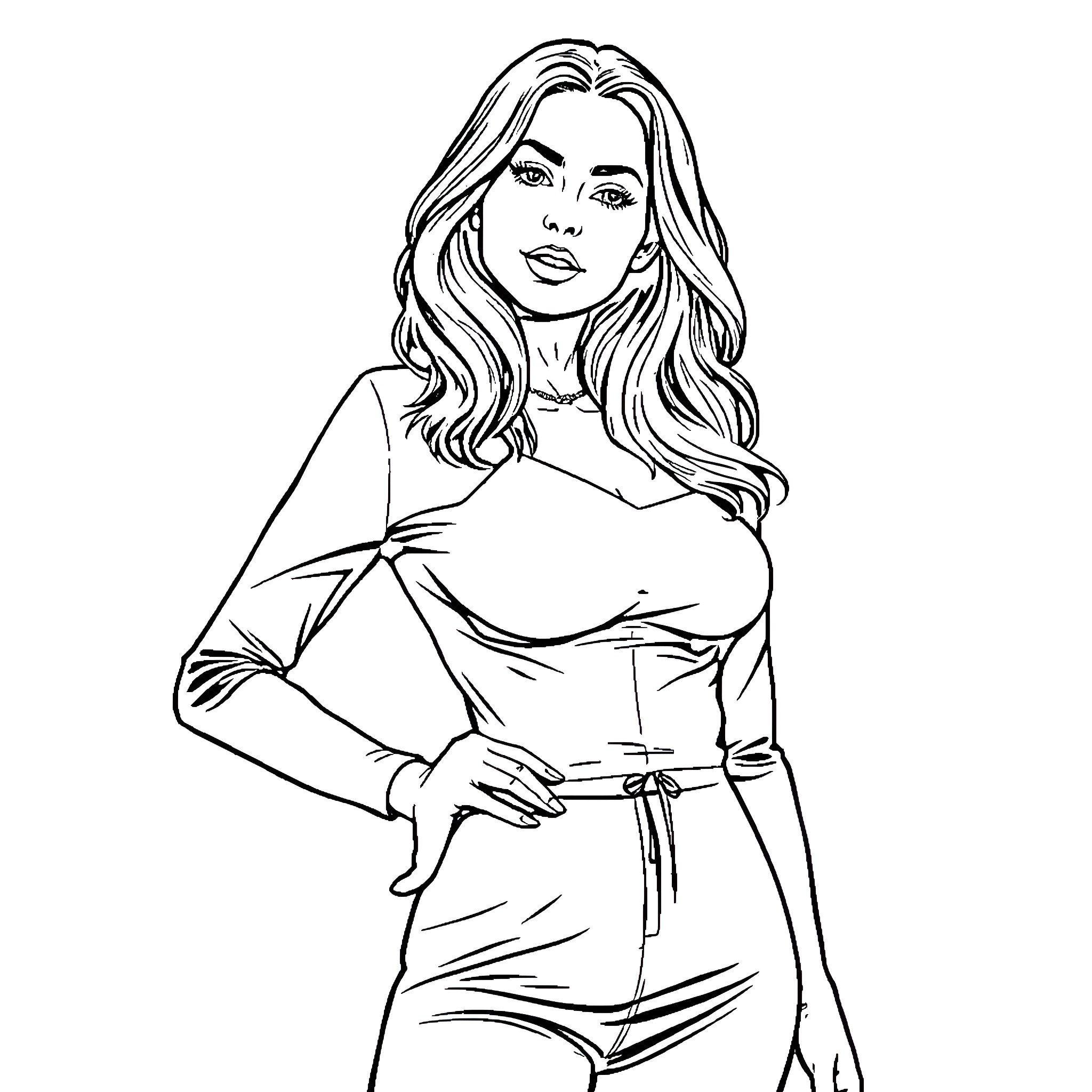 Babe in a casual yet fashionable outfit Coloring Page (free black-and-white line drawing printable PDF for all, from beginners to advanced learners, including children, teens, adults, and seniors)